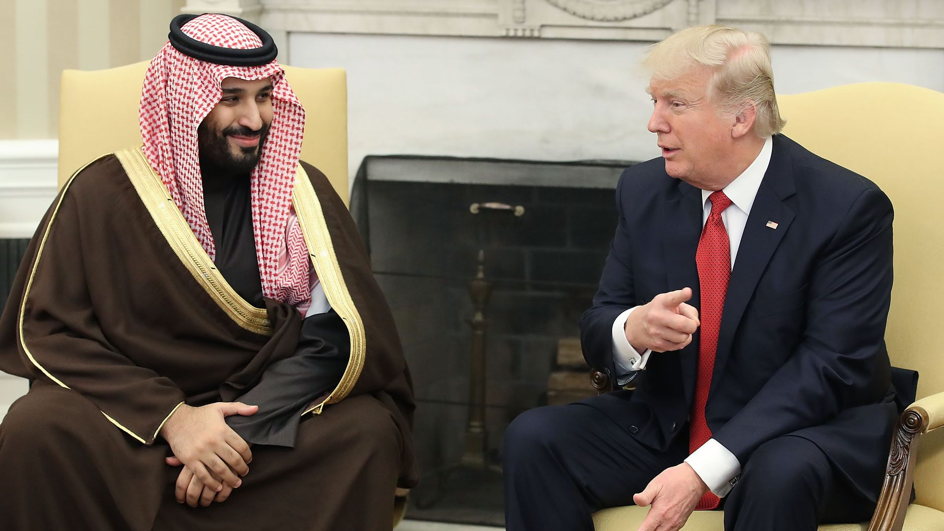 President Trump and Saudi Crown Prince Mohammed Bin Salman seated next to each other in Oval Office