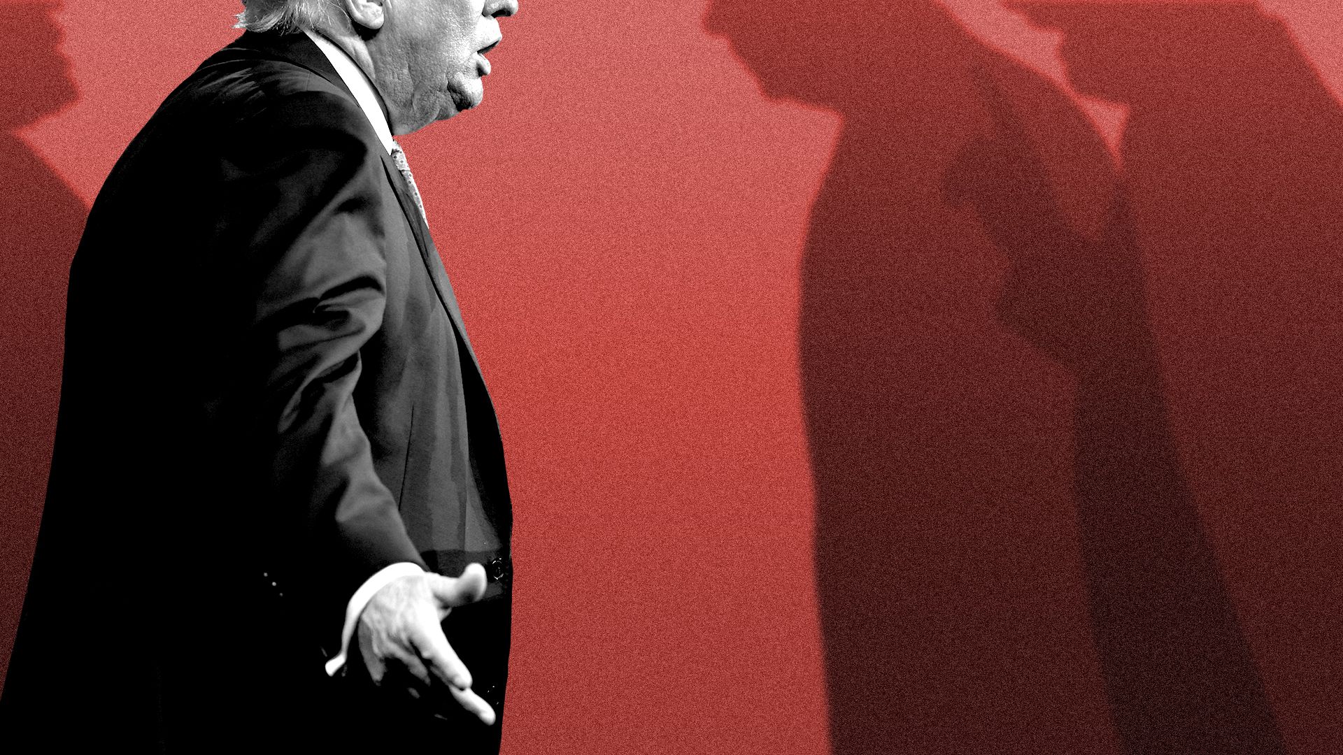 Photo illustration of a profile view of Donald Trump, leaning forward with his arms spread and hands upturned, confronting Xi Jinping and Vladimir Putin, who are out of the frame, but whose shadows are visible.
