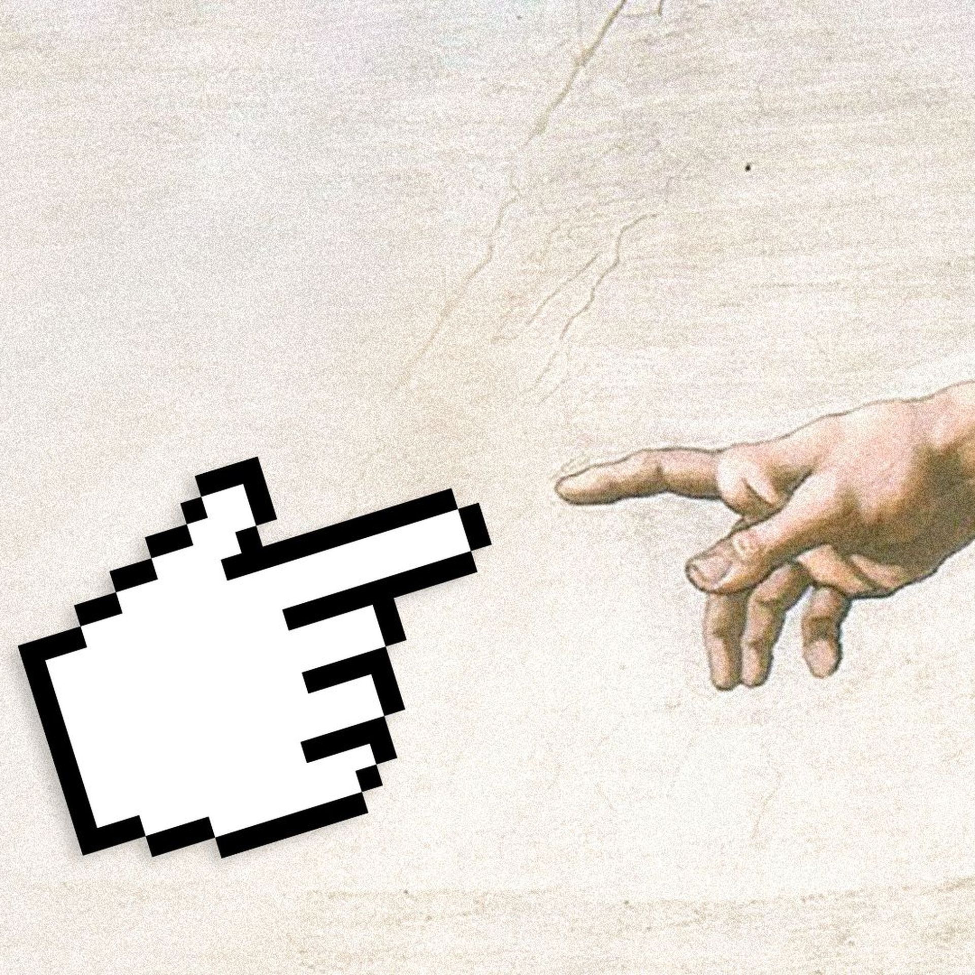 Illustration of The Creation of Adam with Adam's hand replaced with a hand cursor.  