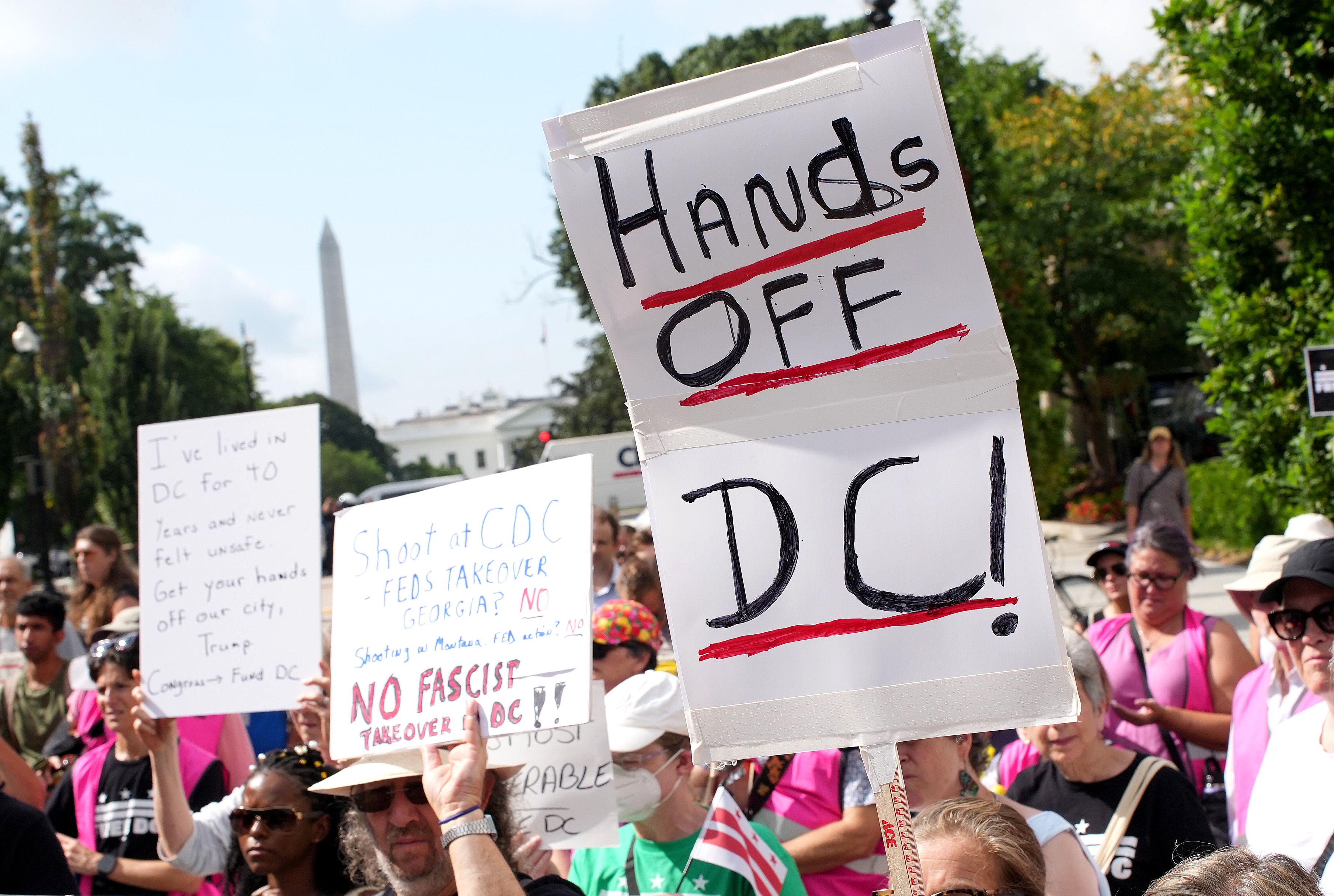 Crowd of protesters in Washington D.C. holding signs including one saying "Hands Off DC!" under a sunny sky with the Washington Monument in the background.