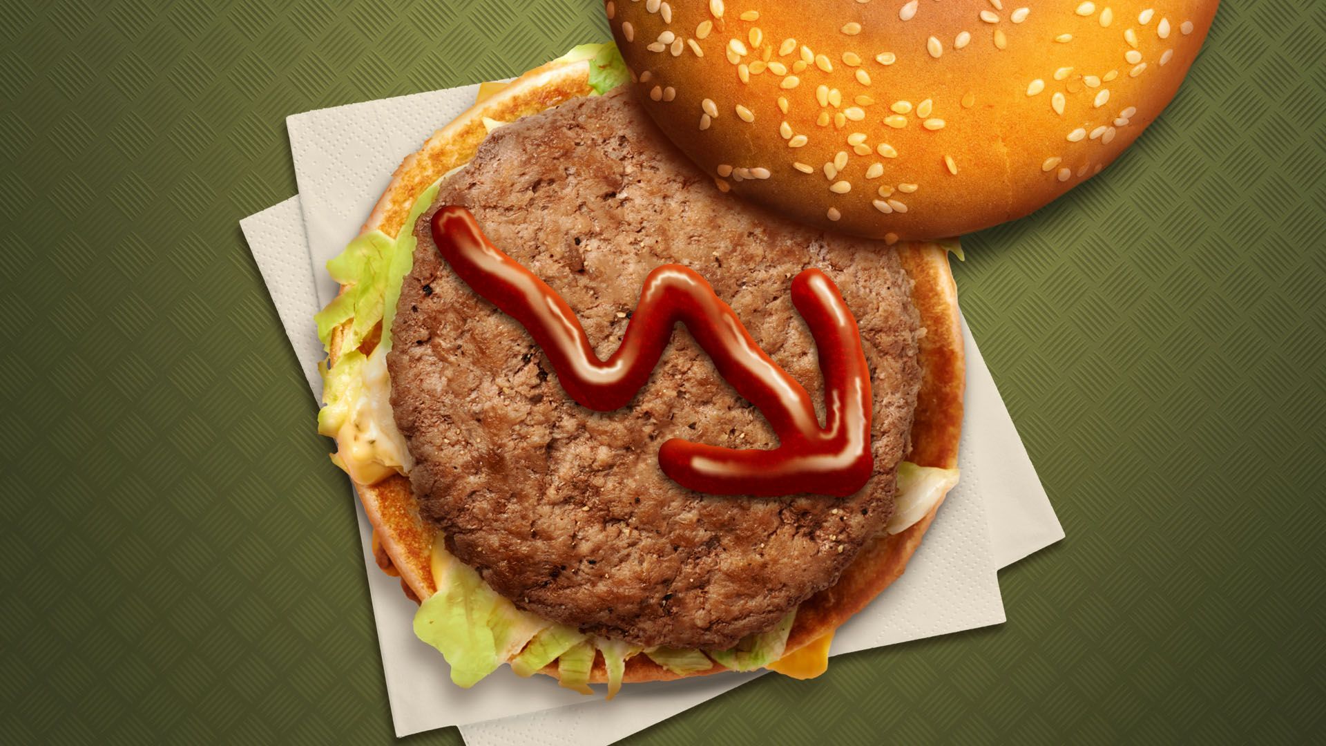 Illustration of a cheeseburger with a downward trending arrow in ketchup