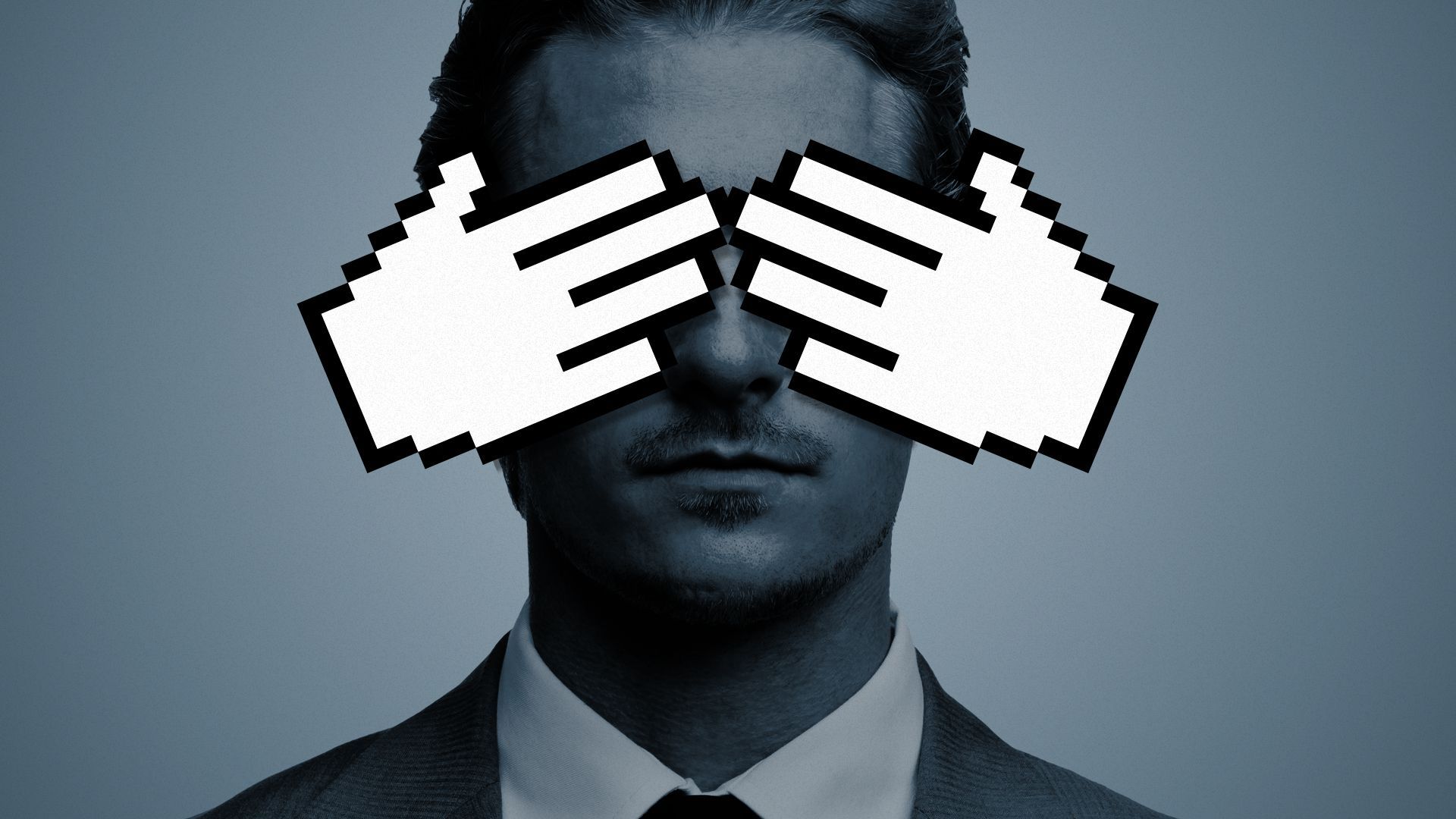 Illustration of cursor hands covering the eyes of a person in a suit.