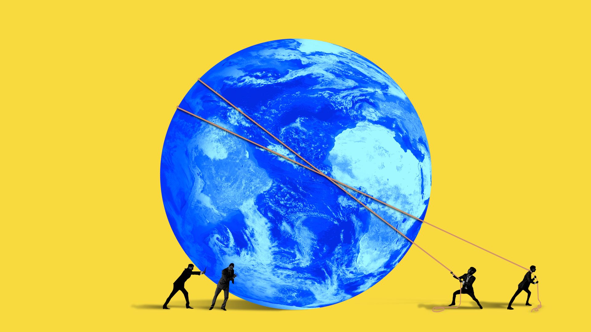 Illustration of 4 men pulling and pushing a giant Earth with ropes