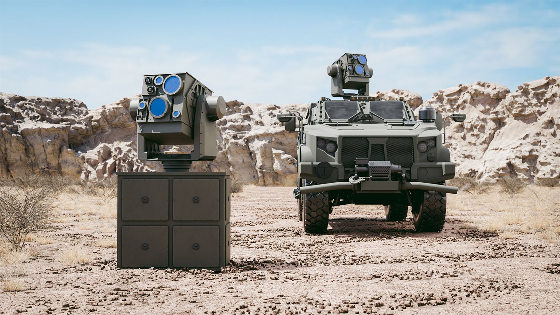 Desert scene with a rugged armored vehicle on the right and a large turreted laser system on a cube-like pedestal on the left.