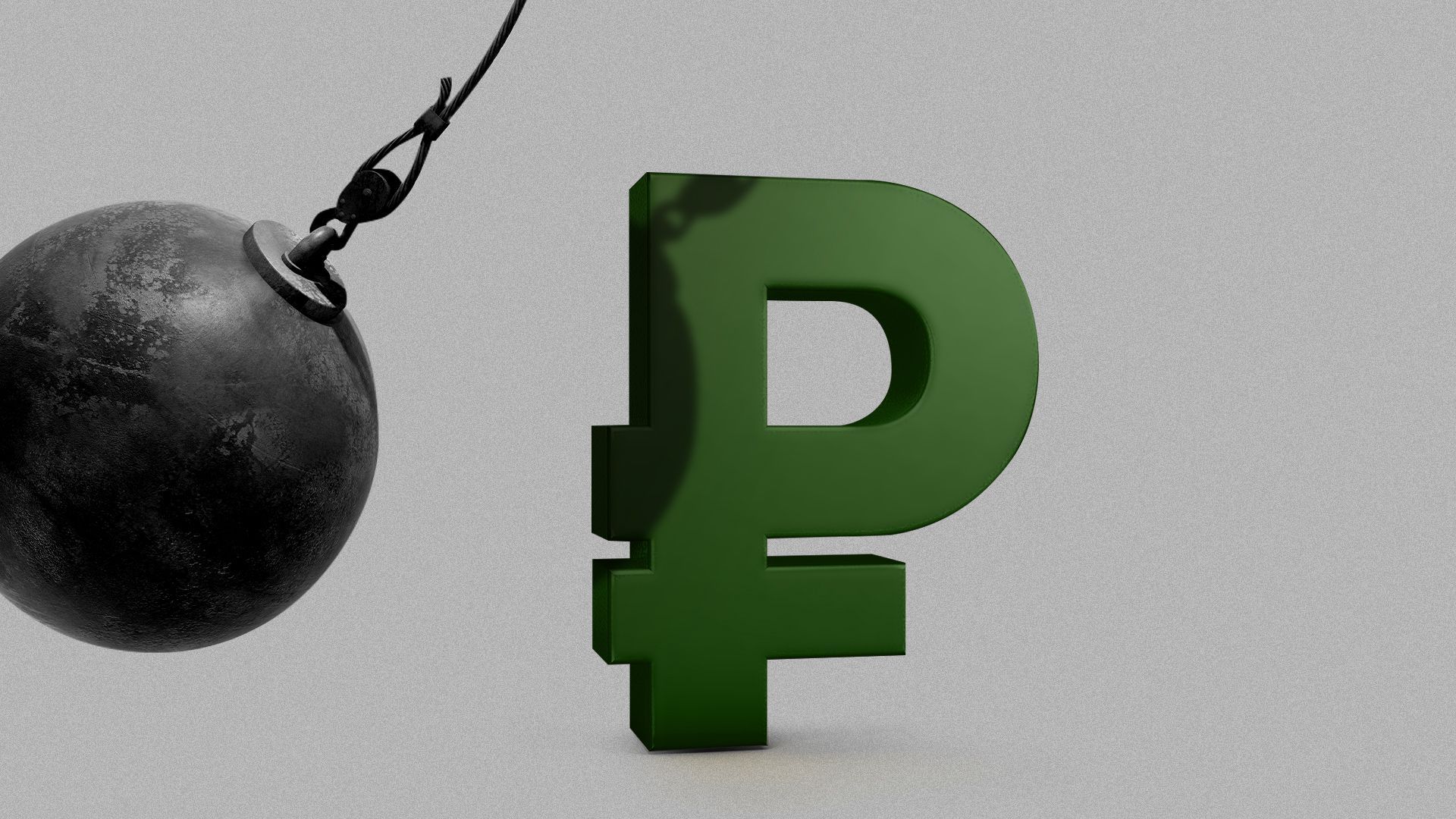 Illustration of a Ruble currency symbol about to be hit by a wrecking ball.