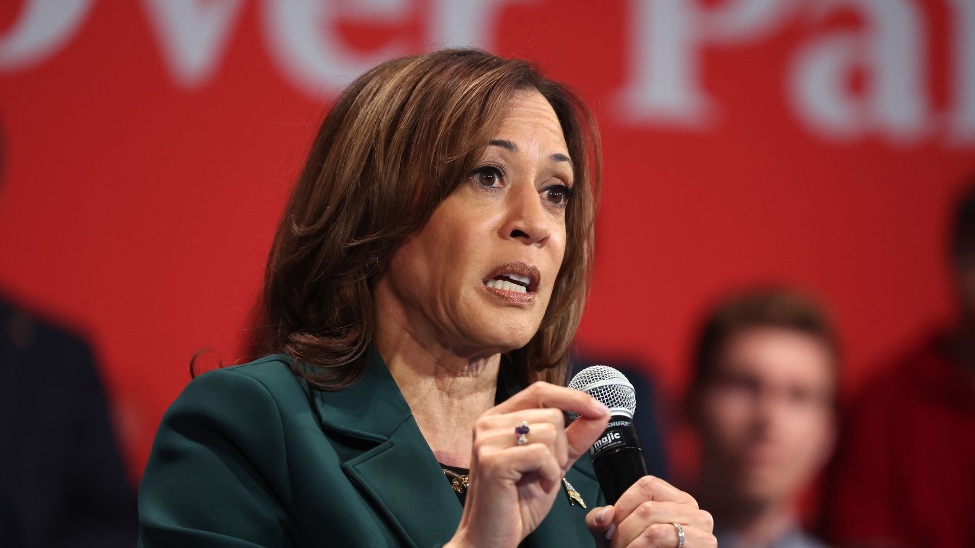 Democratic presidential nominee U.S. Vice President Kamala Harris speaks at a campaign event with former U.S. Rep. Liz Cheney (R-WY) at the Sharon Lynne Wilson Center for the Arts on October 21, 2024 in Brookfield, Wisconsin