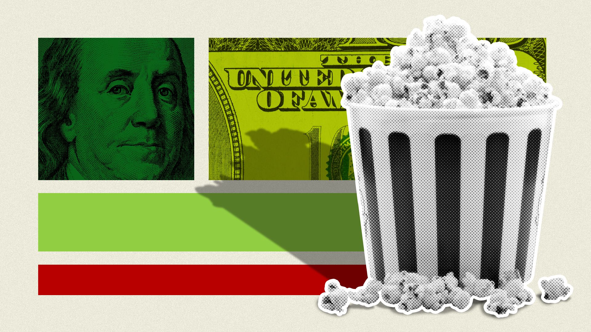 Illustration of a popcorn bucket with abstract shapes and money elements.