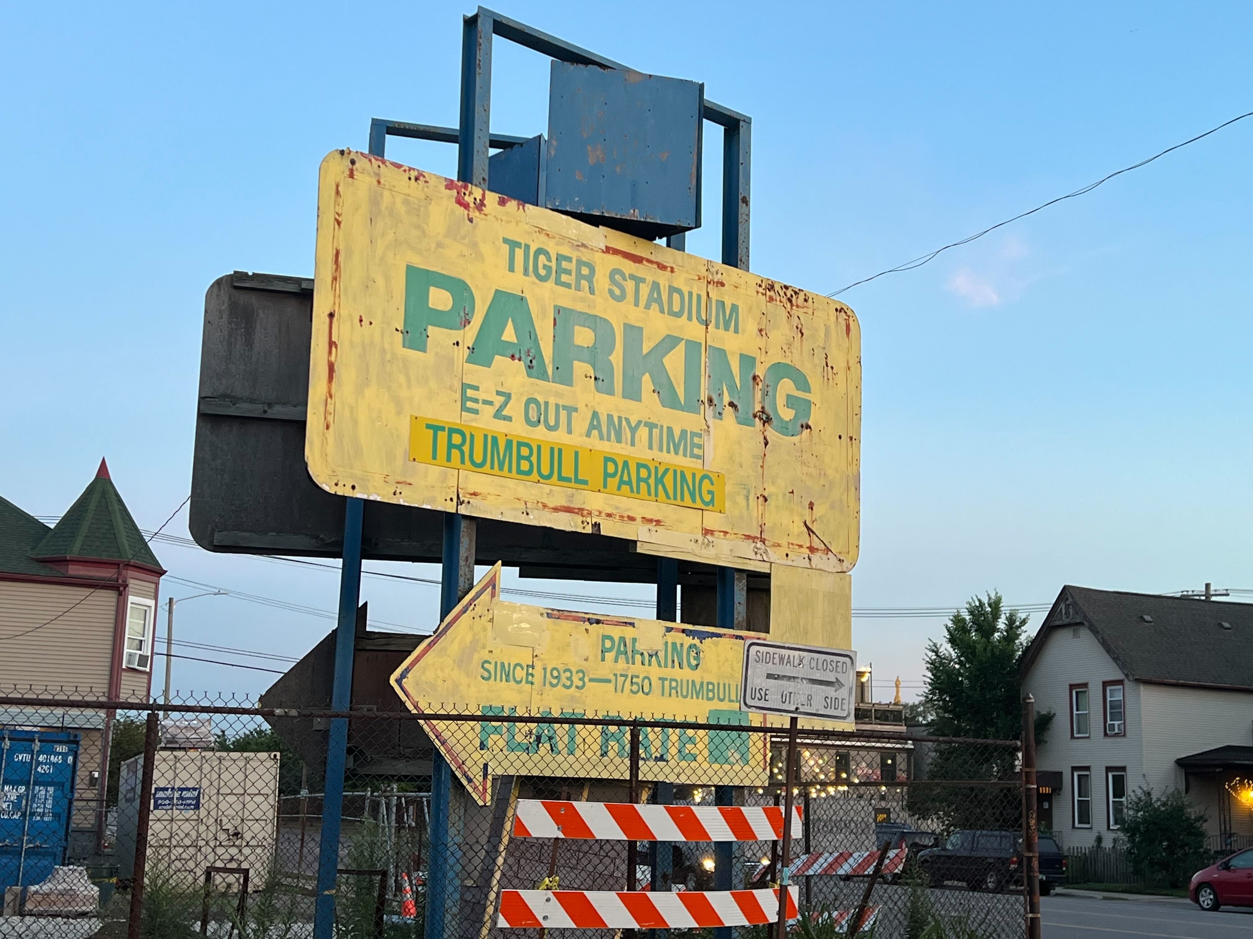 The old Tiger Stadium sign, rusted, yellow and green.