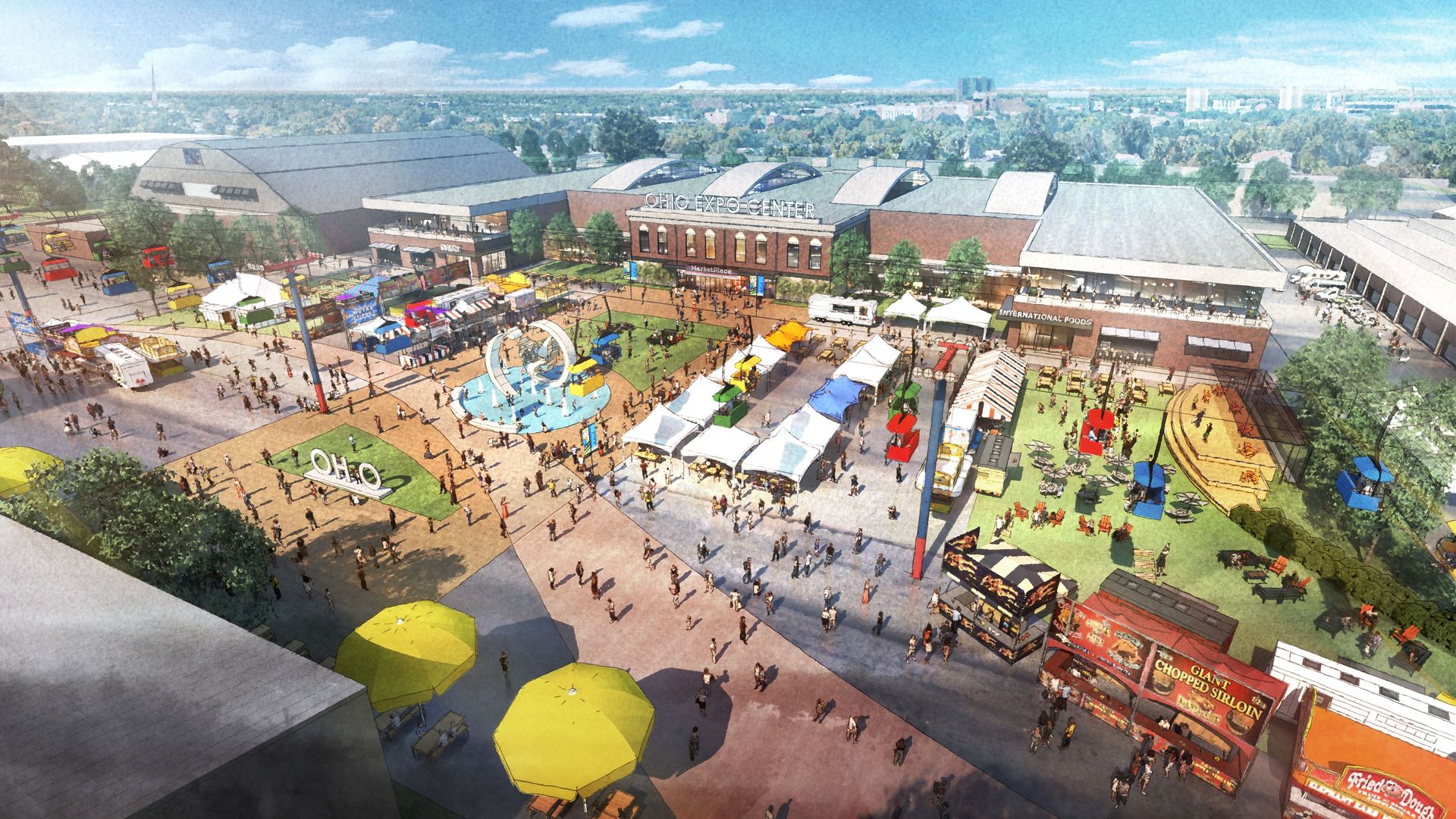 A birds-eye view of a rendering of a reimagined Ohio State Fairground.