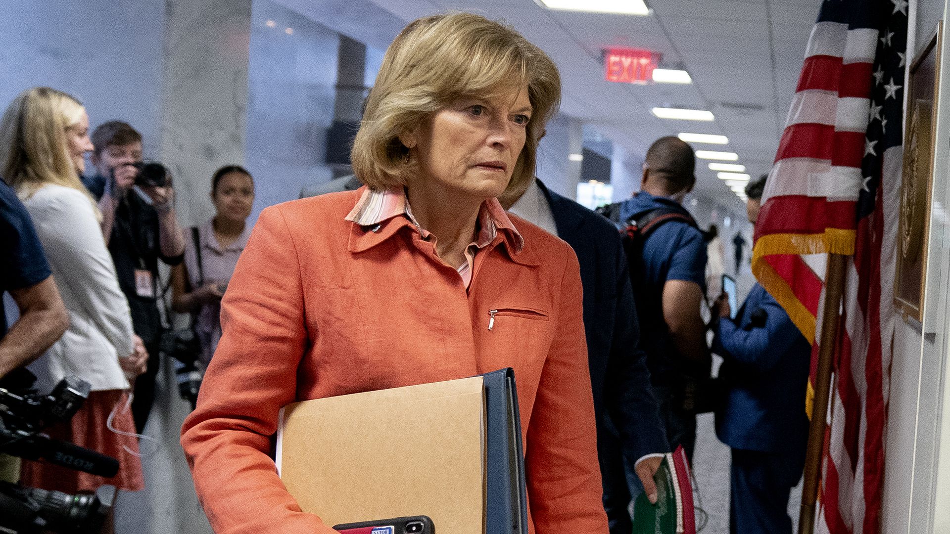 Senator Lisa Murkowski, a Republican from Alaska, arrives to a bipartisan infrastructure meeting at the Hart Senate Office building in Washington, D.C., U.S., on Tuesday, June 22