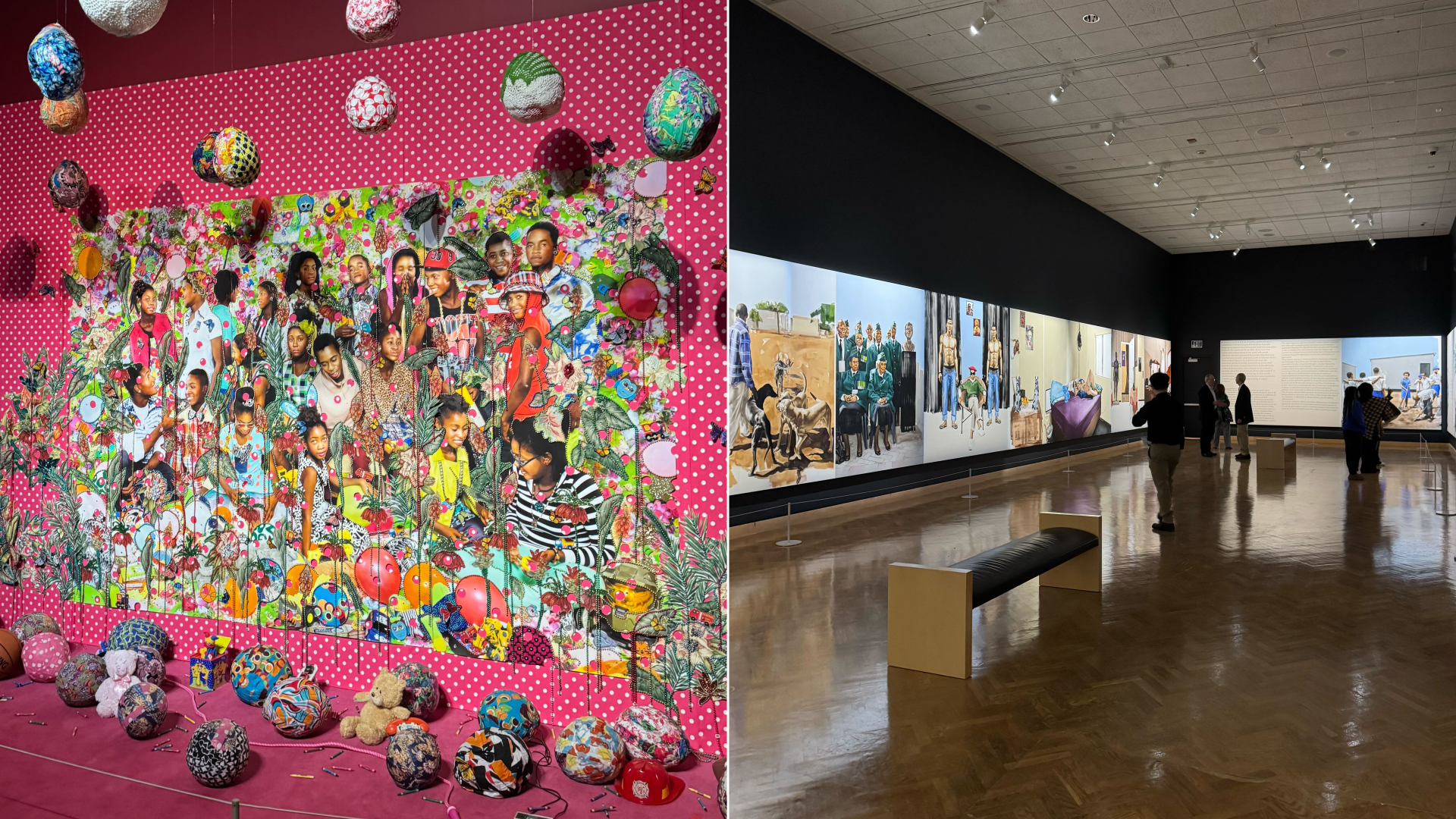 A colorful piece of art and a large installation in a room