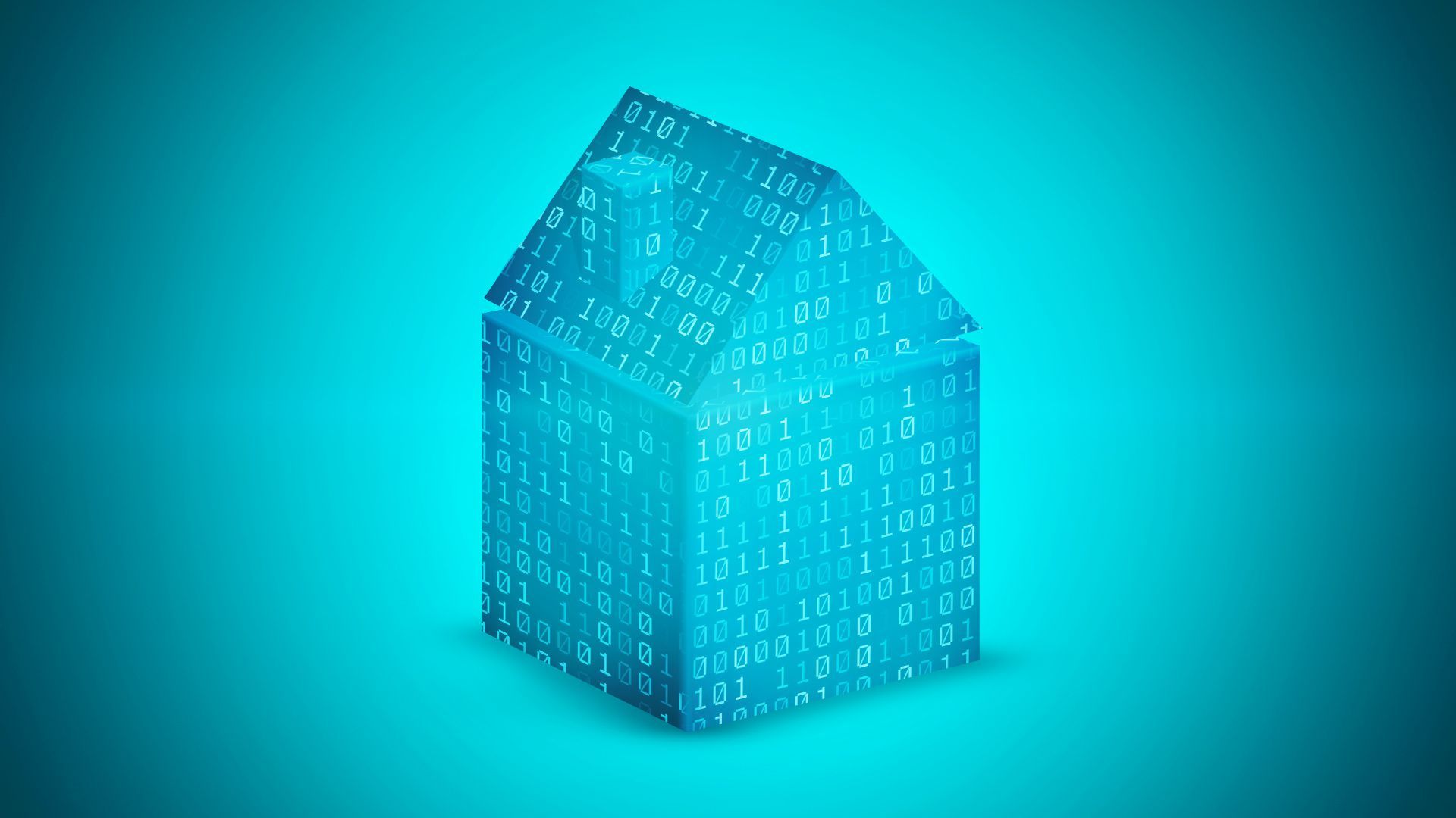 Illustration of an abstract glowing three dimensional house made from binary code.
