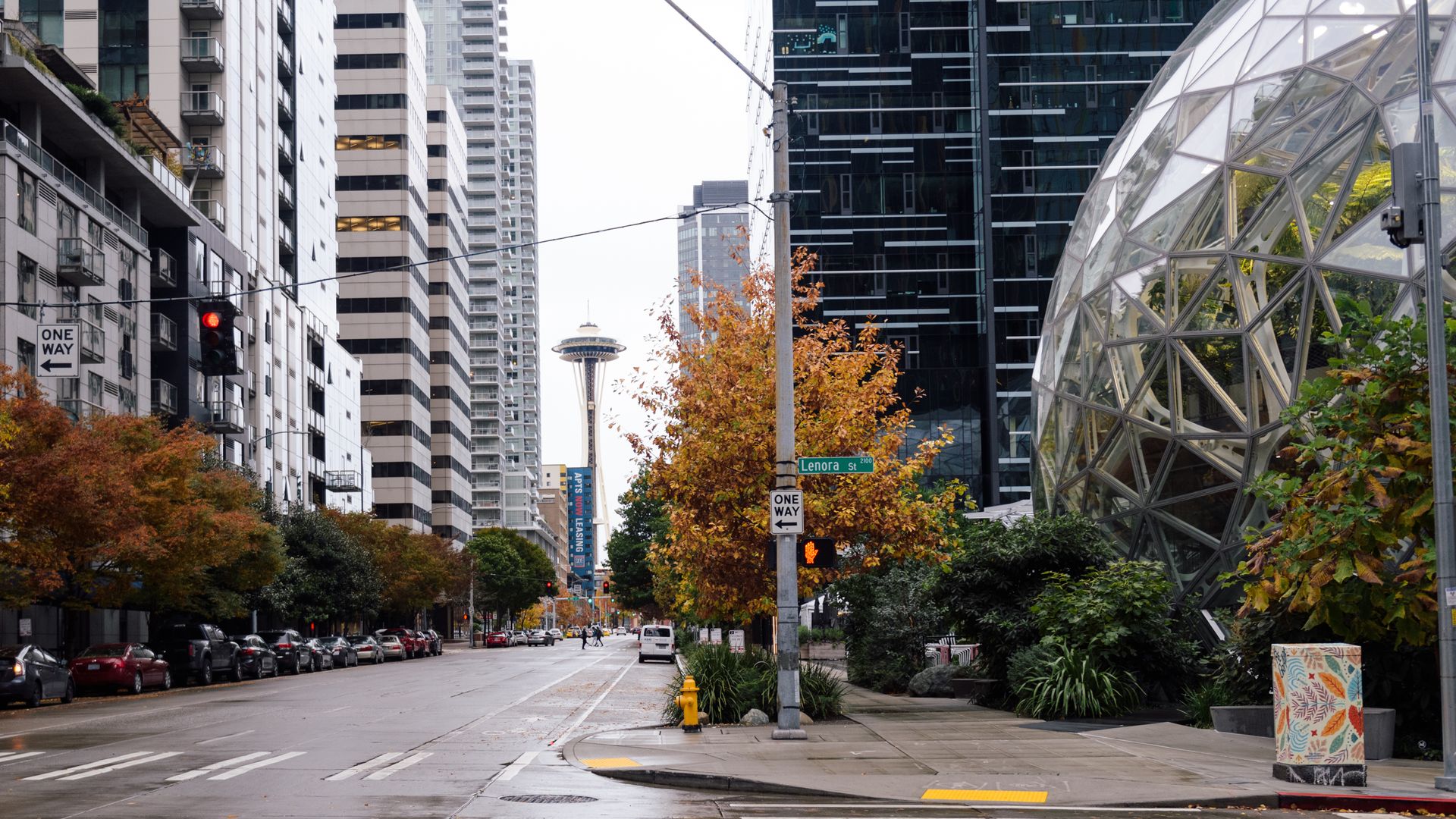 Part of the Amazon Spheres are shorn at right with high rise towers nearby and the Space Needle in the background.