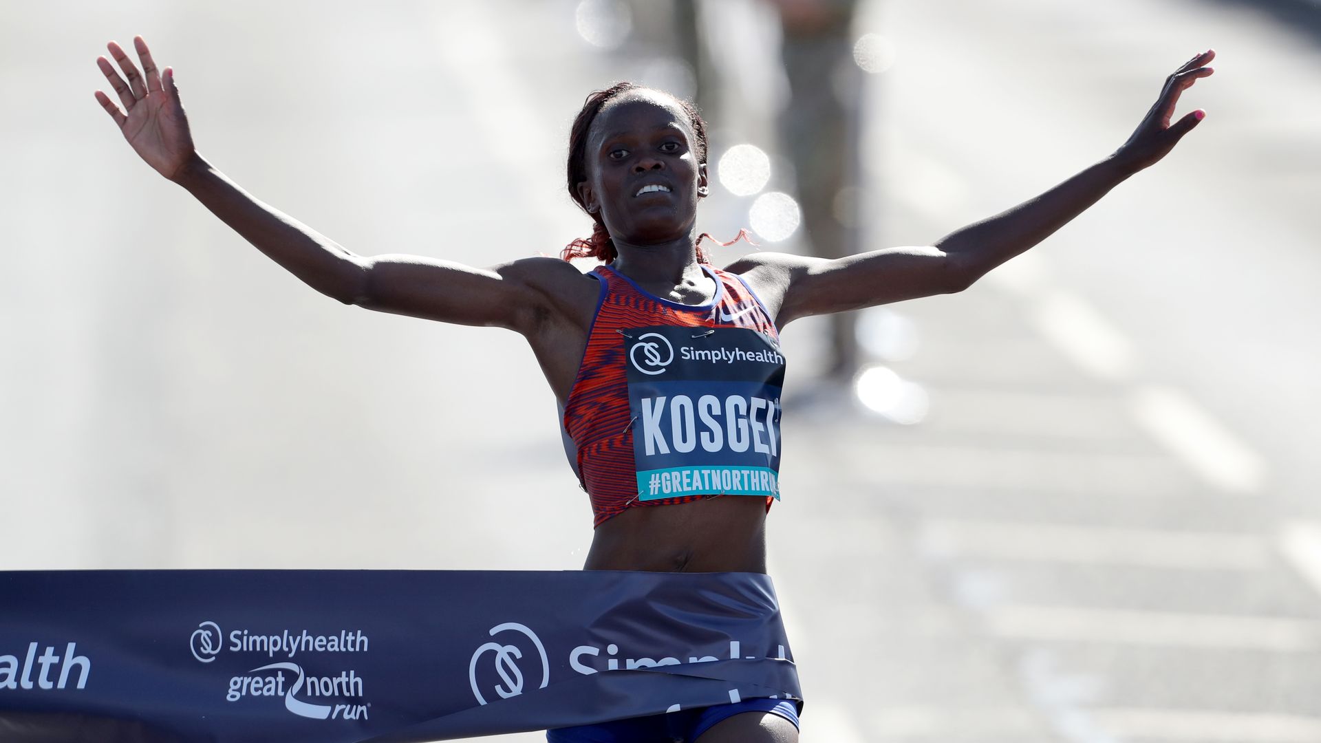 Brigid Kosgei winning a marathon in 2019 in Newcastle, Great Britain.