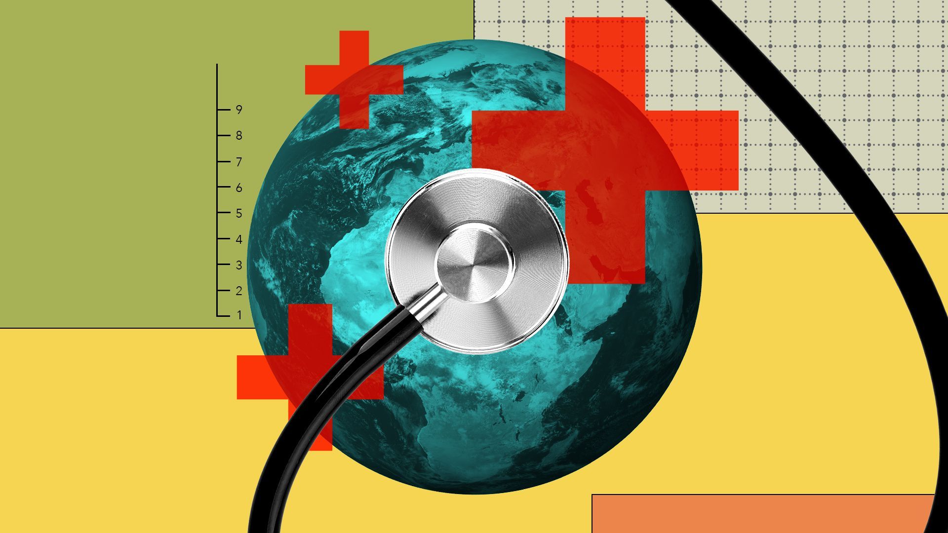Illustration of the earth with a stethoscope over it surrounded by red crosses and blocks of color