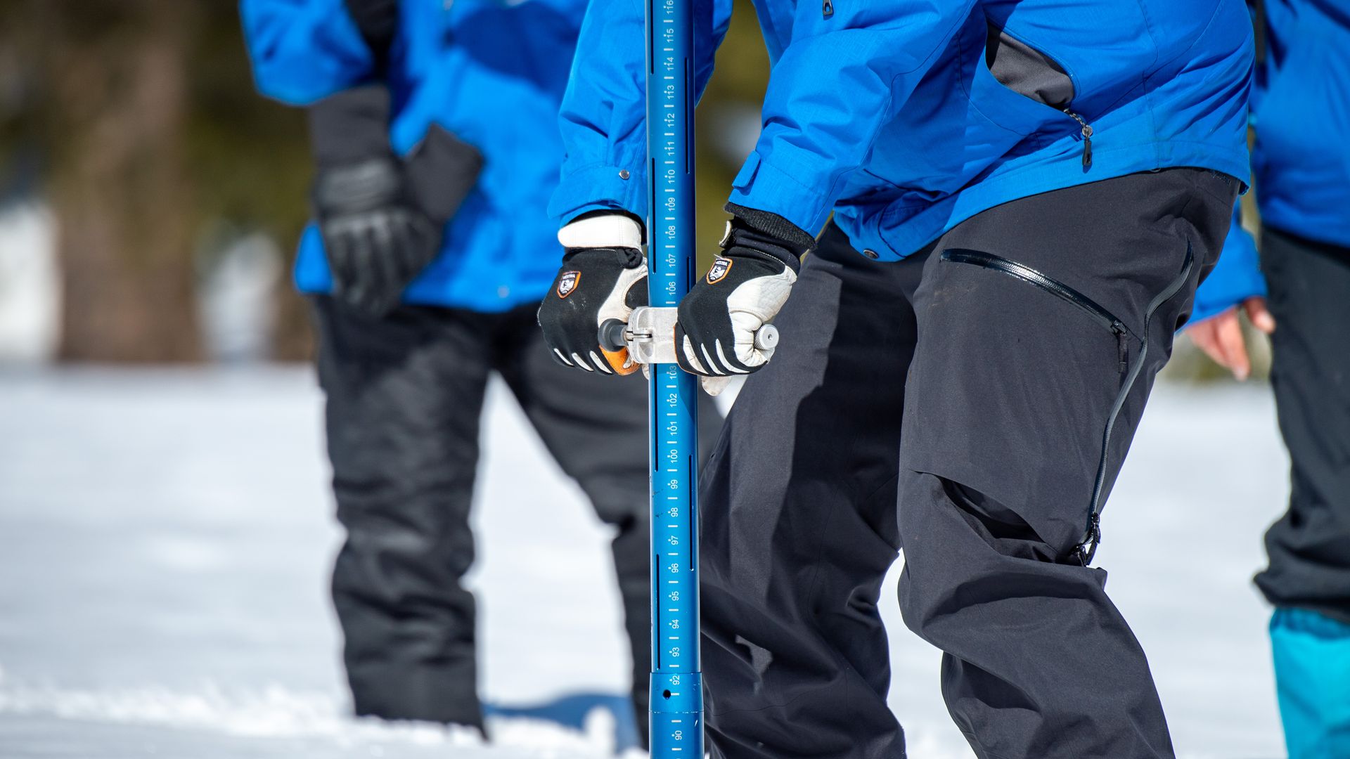A person wearing black waterproof pants, a blue parka and black and white gloves holds the silver crossbar handle of a tall blue snow tube as it is plunged into the snow.