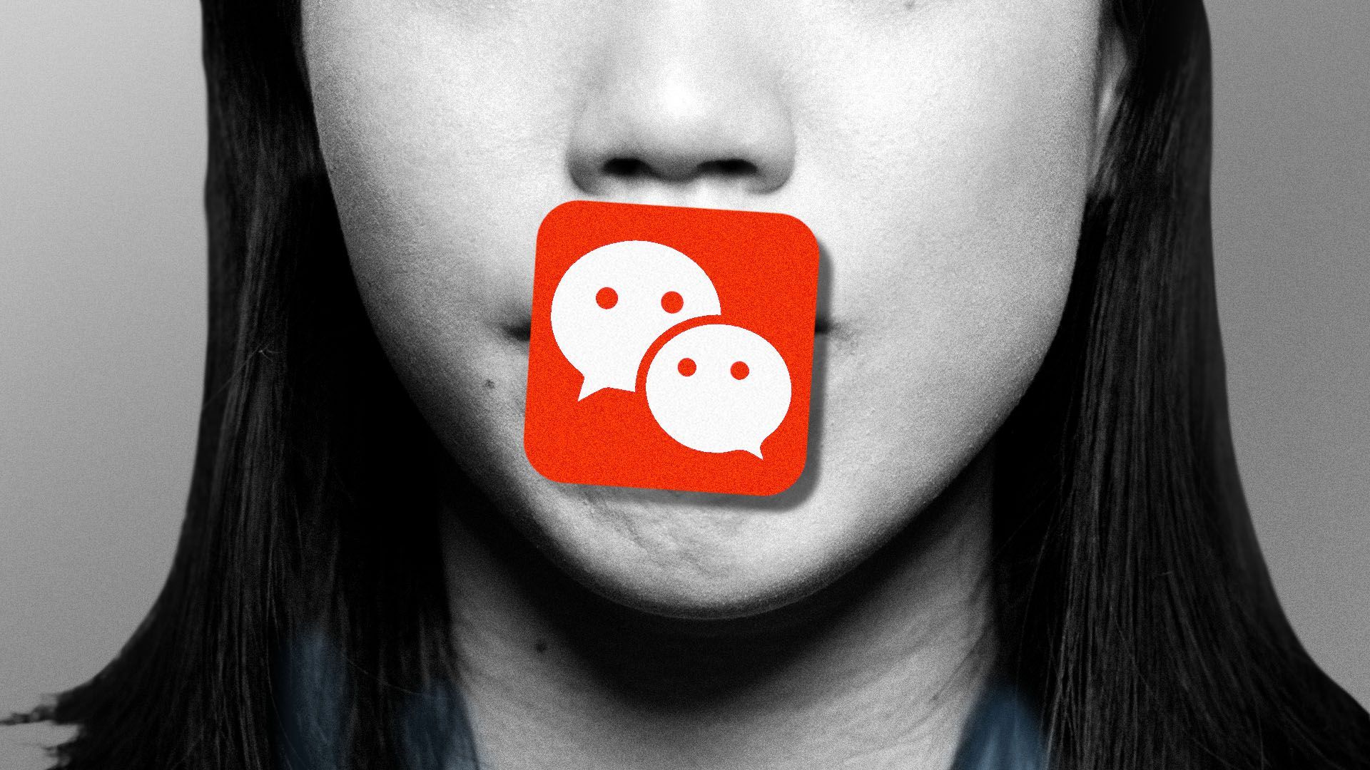 Illustration of the WeChat logo in red over a woman's mouth