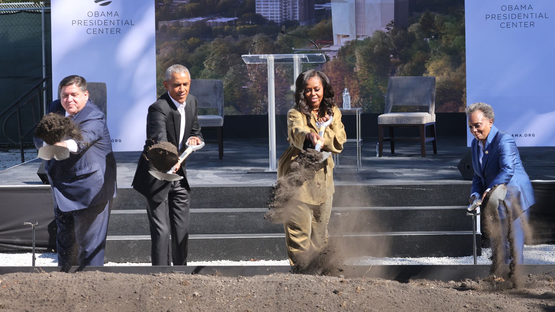 Politicians shovel dirt at groundbreaking of Obama Presidential Center