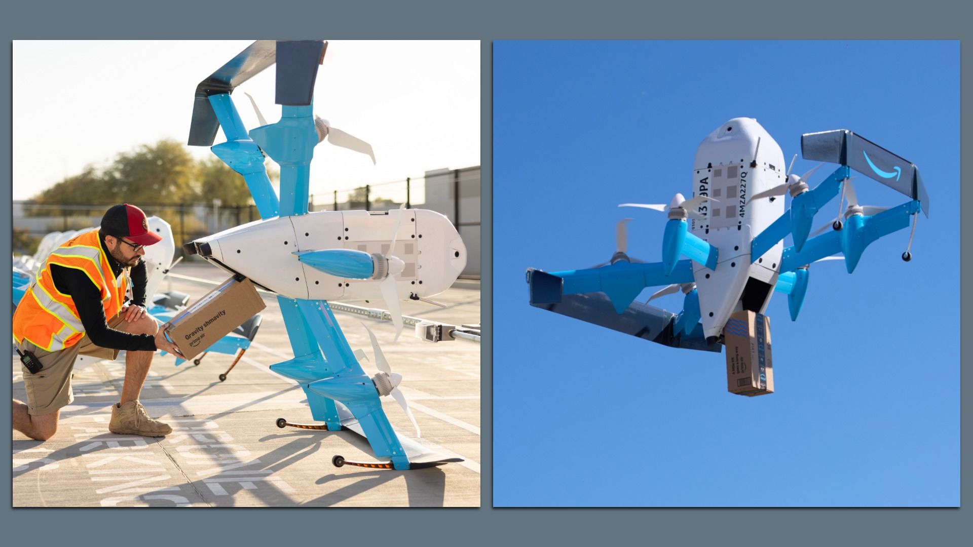 Two-panel photo of a blue-and-white delivery drone: left shows a worker in an orange safety vest loading a brown box; right shows the drone flying with a package against a blue sky.