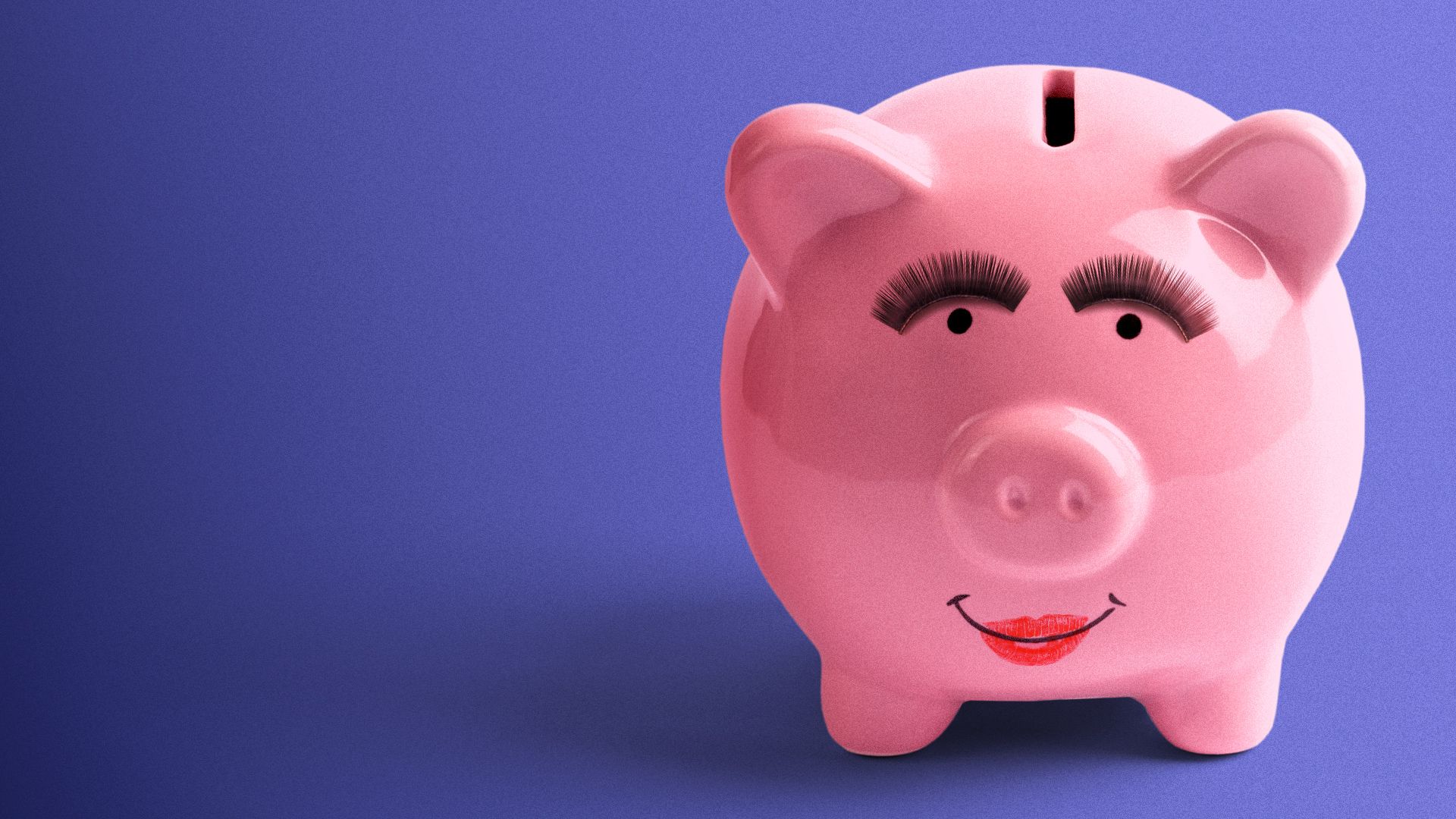 Illustration of a piggy bank with fake eyelashes above its eyes.