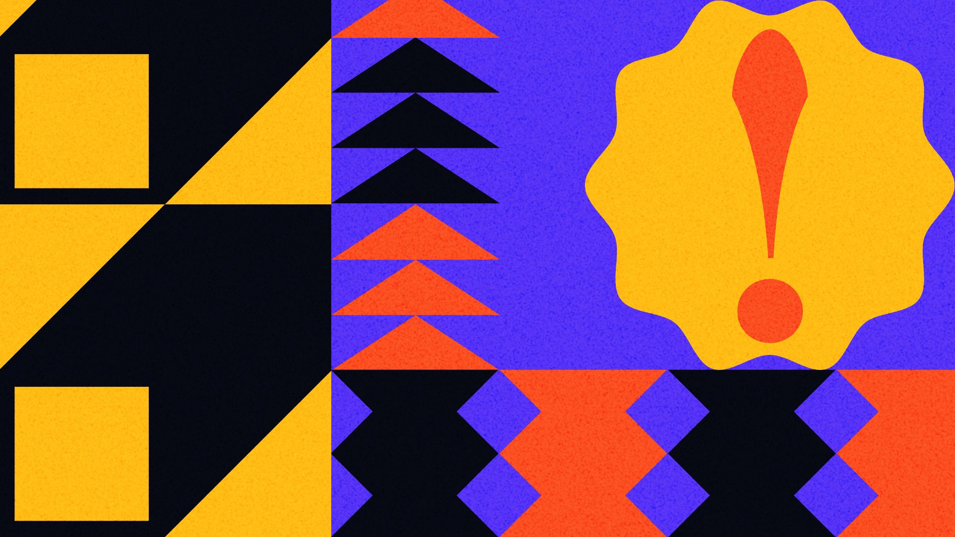 Abstract geometric design with yellow, black, red, and purple shapes, including squares, triangles, zigzags, and a yellow badge-like shape with a red exclamation mark on a purple background.