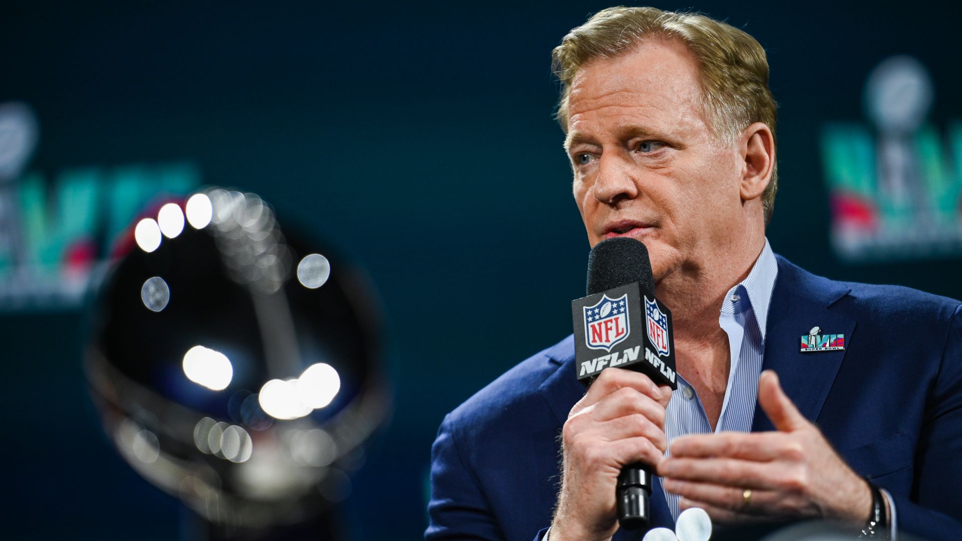 NFL Commissioner Roger Goodell speaking in Phoenix  on Feb. 8.