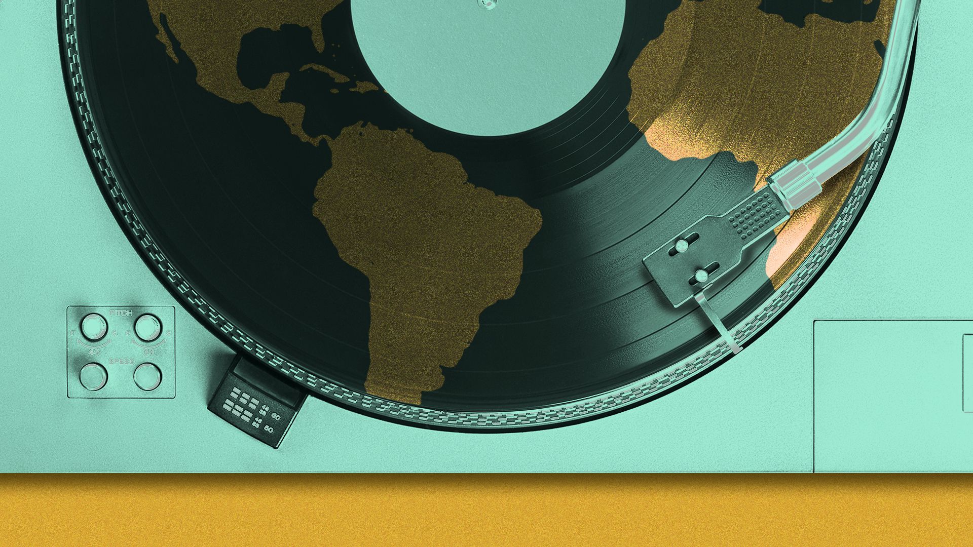 Illustration of a record with a map of Latin America on it.