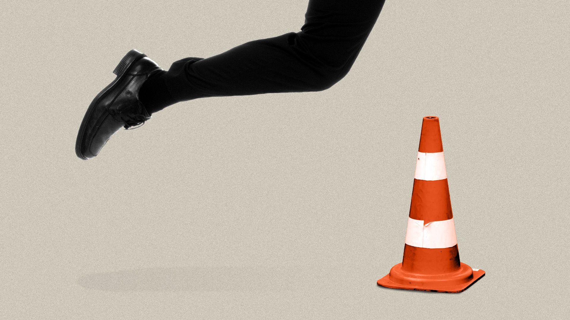 Illustration of a traffic cone about to be kicked by a leg in a business suit and dress shoe.