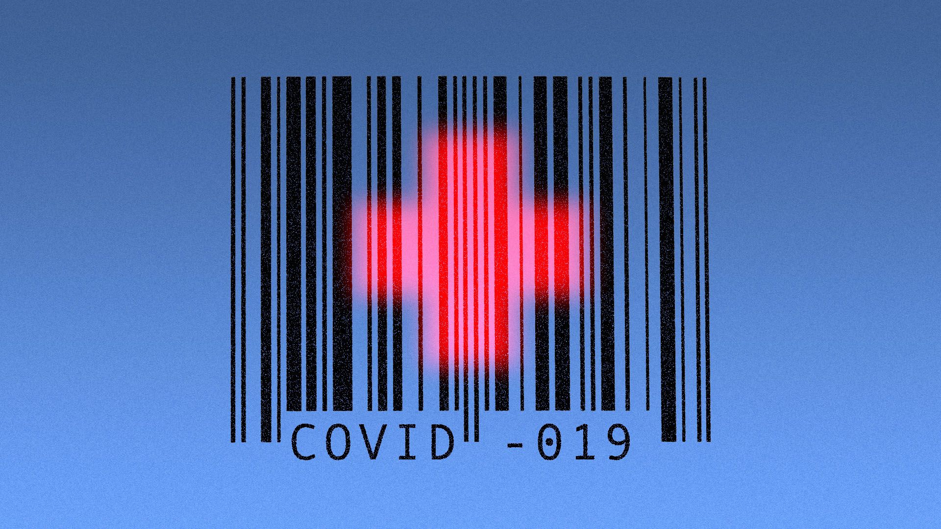 Illustration a barcode that reads Covid-19 being scanned by aaa laser in the shape of red cross