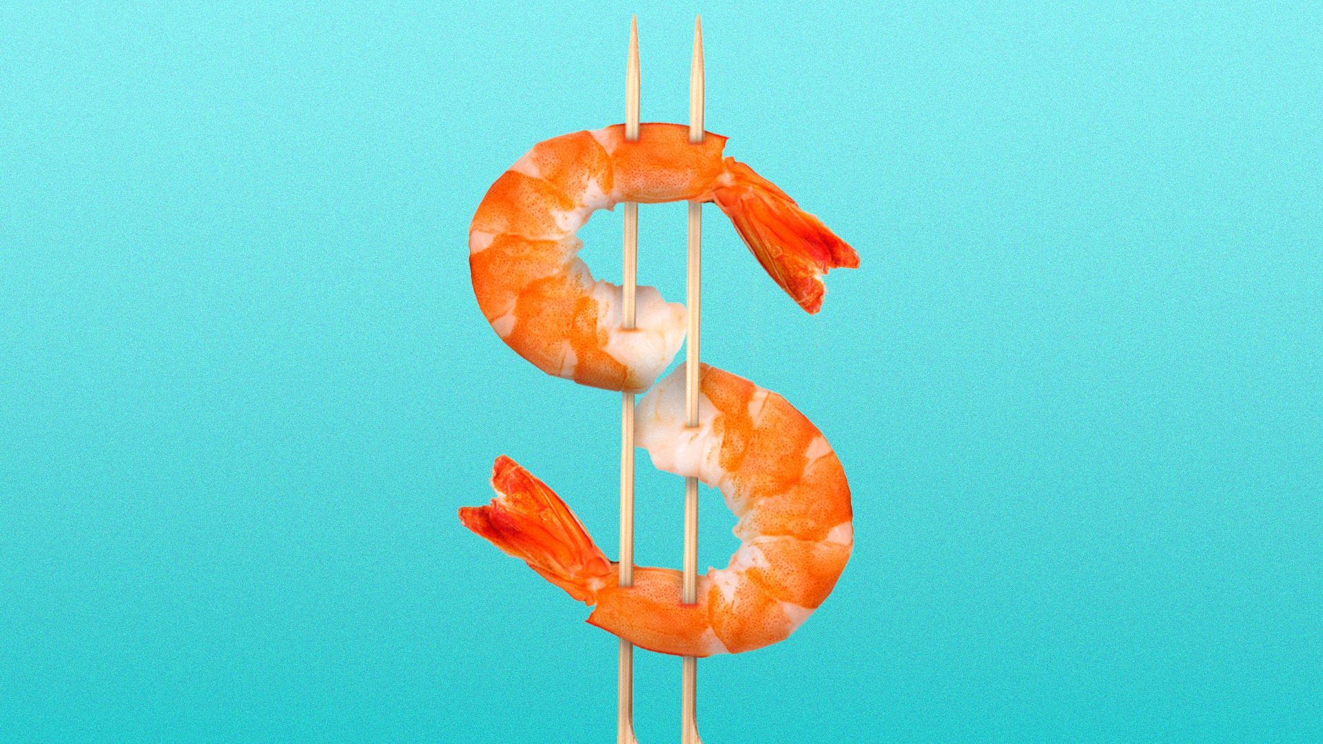 two shrimp on bamboo skewers forming the shape of a dollar sign