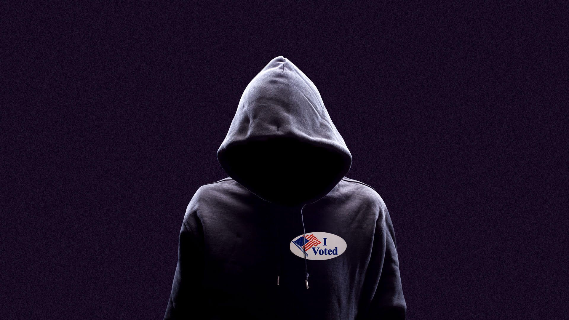 Illustration of anonymous person in a hoodie with a “I voted” sticker.