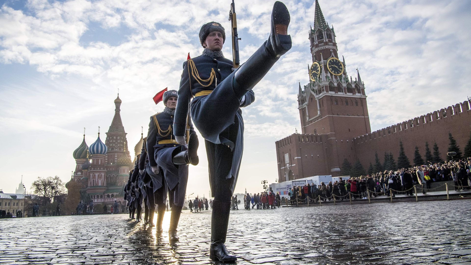 Russian honour guards march during the military parade at Red Square in Moscow