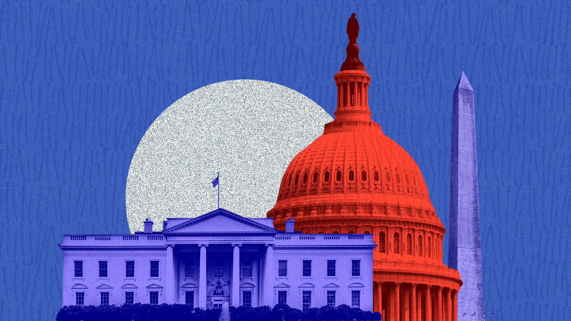 An illustration of the White House, Capitol building, and Washington Monument .