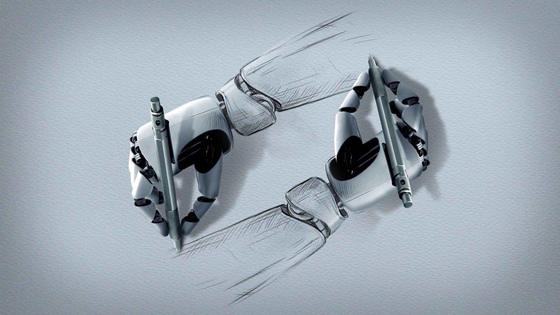 Illustration of two robotic hands holding pencils, drawing one another, after M.C. Esher's "Drawing Hands" piece.