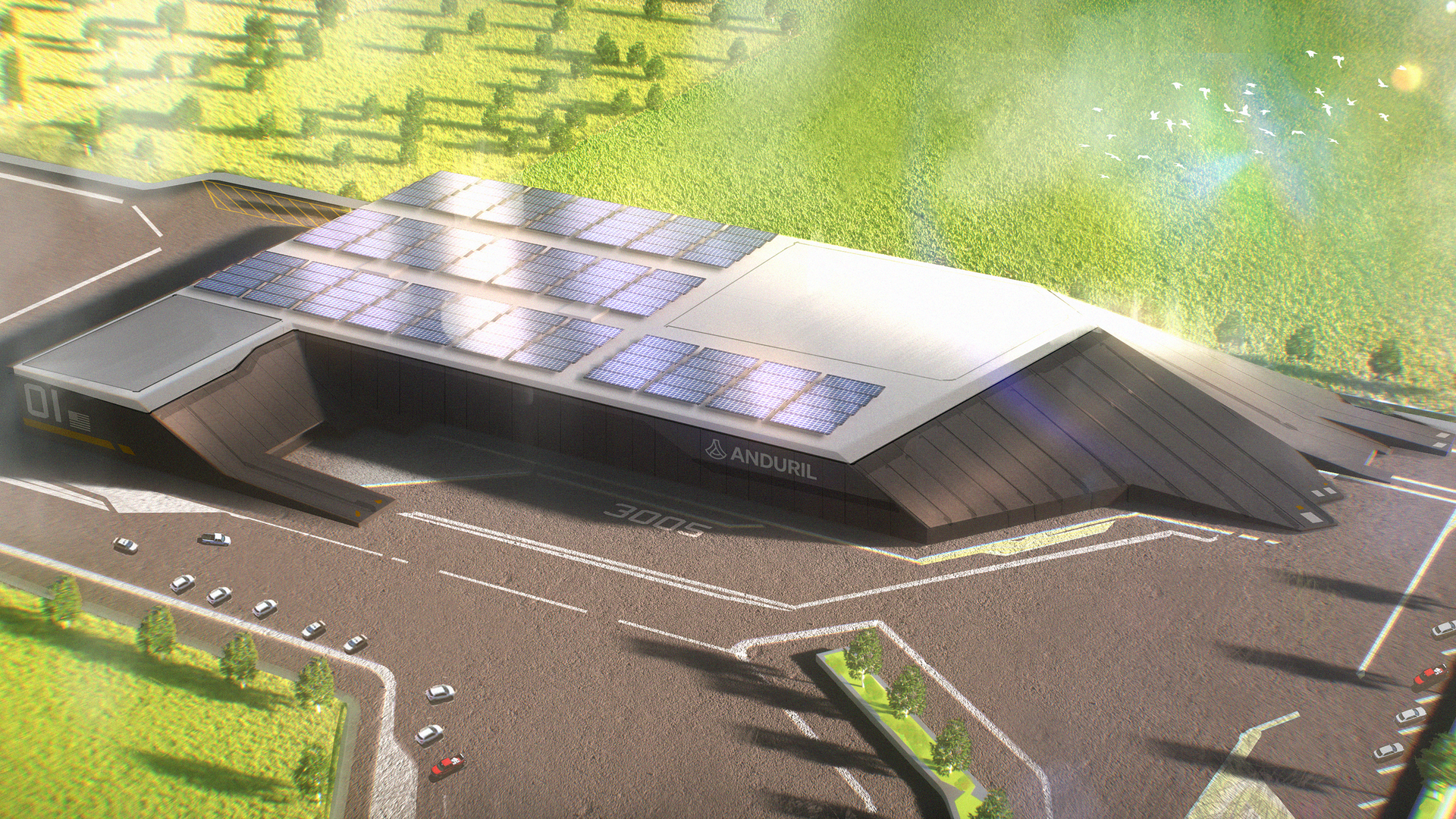 An artist's concept of Arsenal-1, a massive, shiny, futuristic weapons-building factory branded by Anduril Industries.