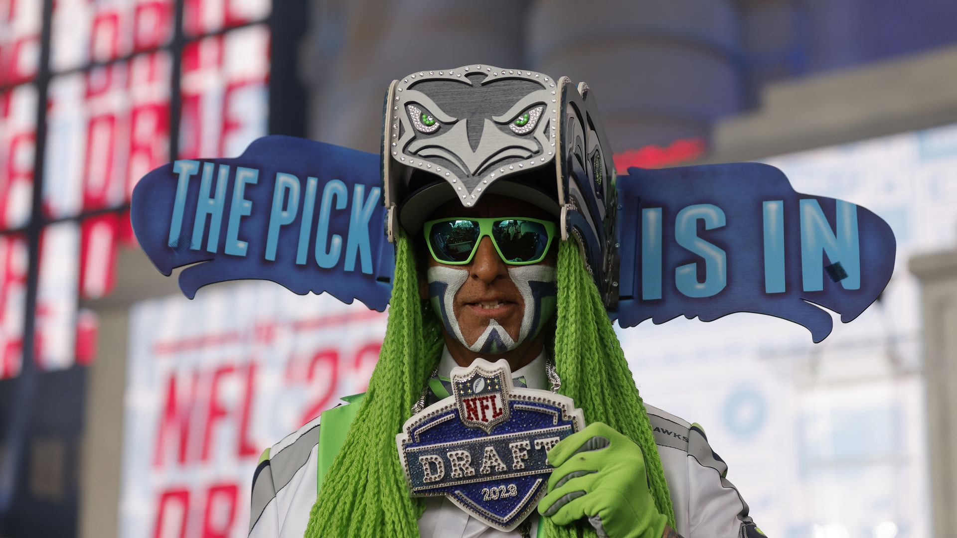 seahawks fan with a crazy headdress 