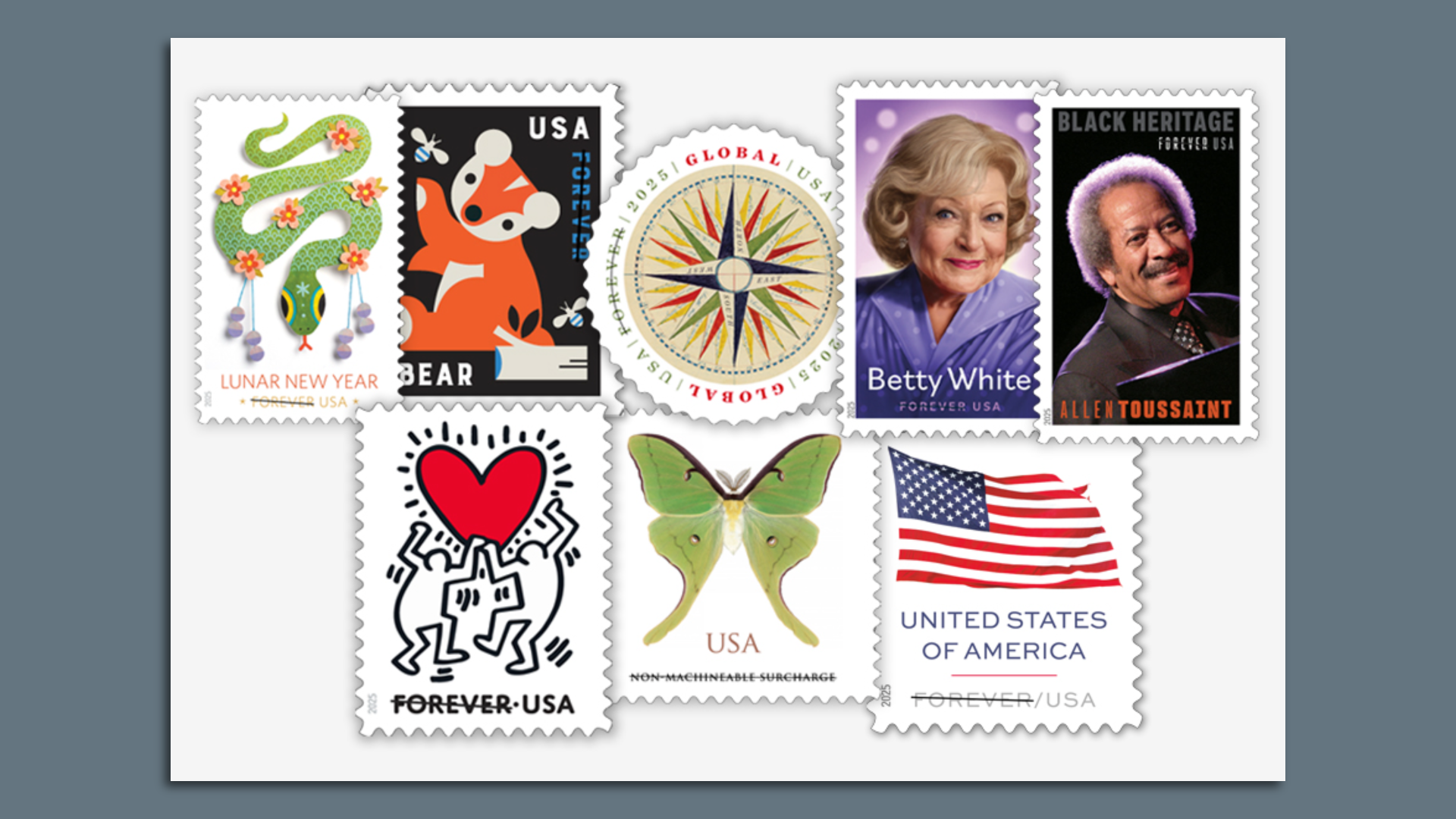 Photo shows images of new stamps with Allen Toussaint, Betty White, a Luna moth and more.