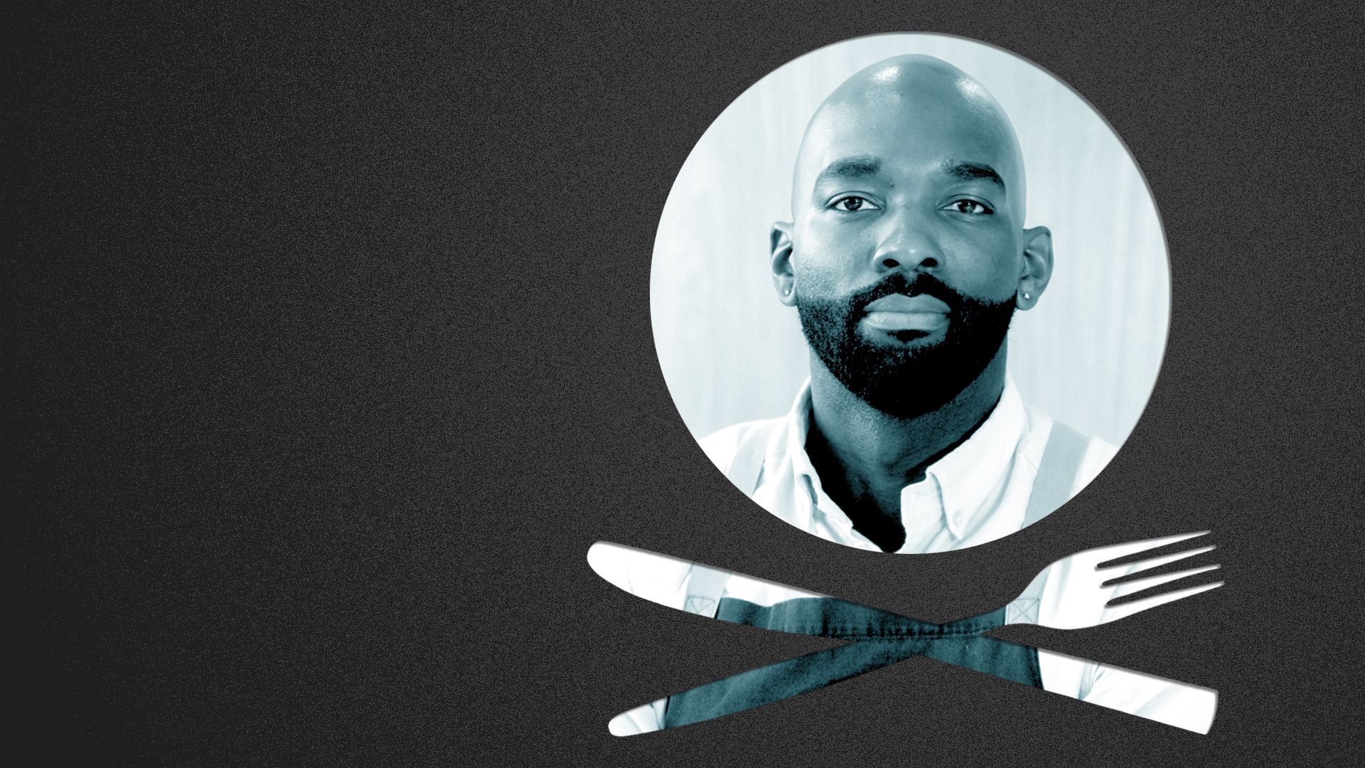 Photo illustration of a place setting shaped like a skull and crossbones containing a photo of Jewan Manuel.