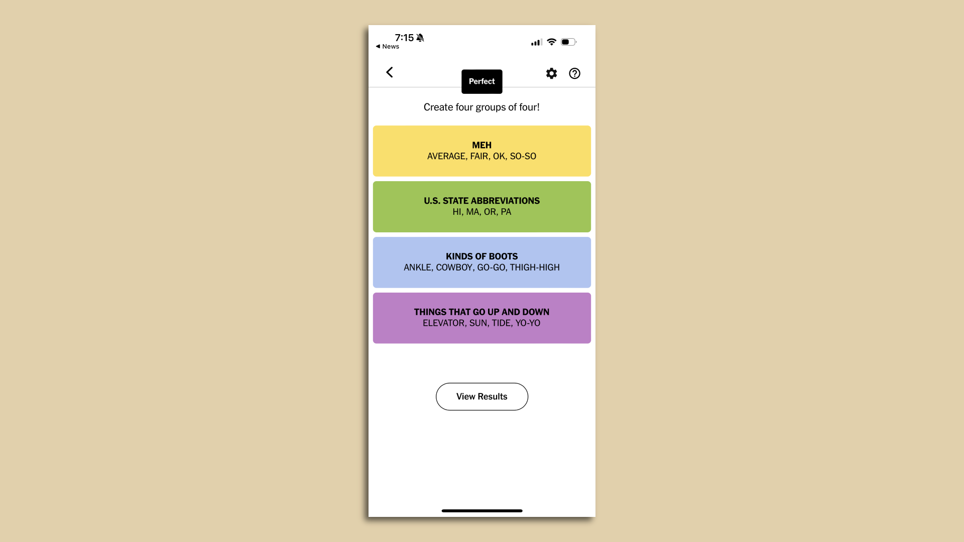 A solved NYT Connections puzzle