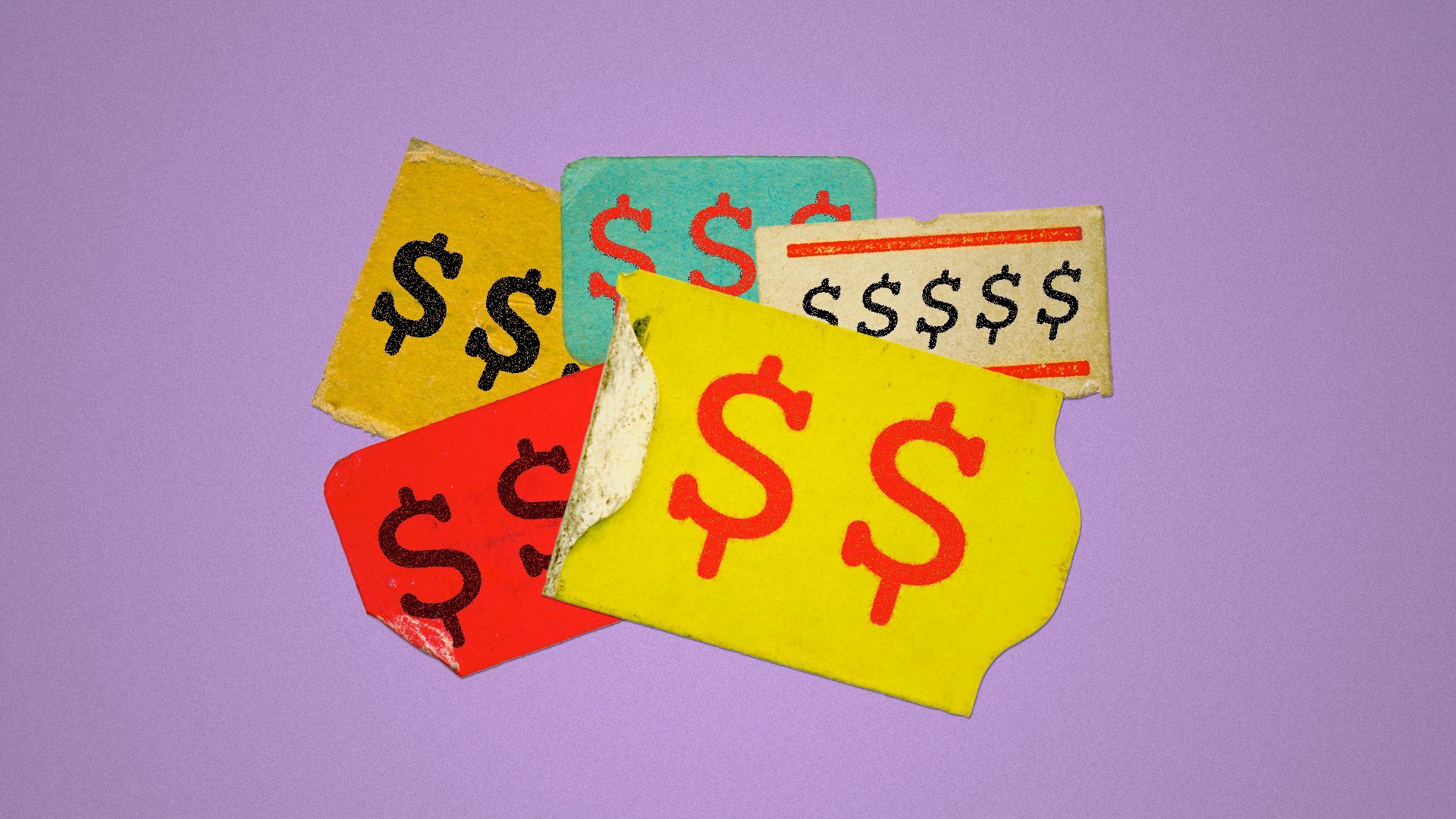 Illustration of multiple vintage price tag stickers stuck one on top of the other. 