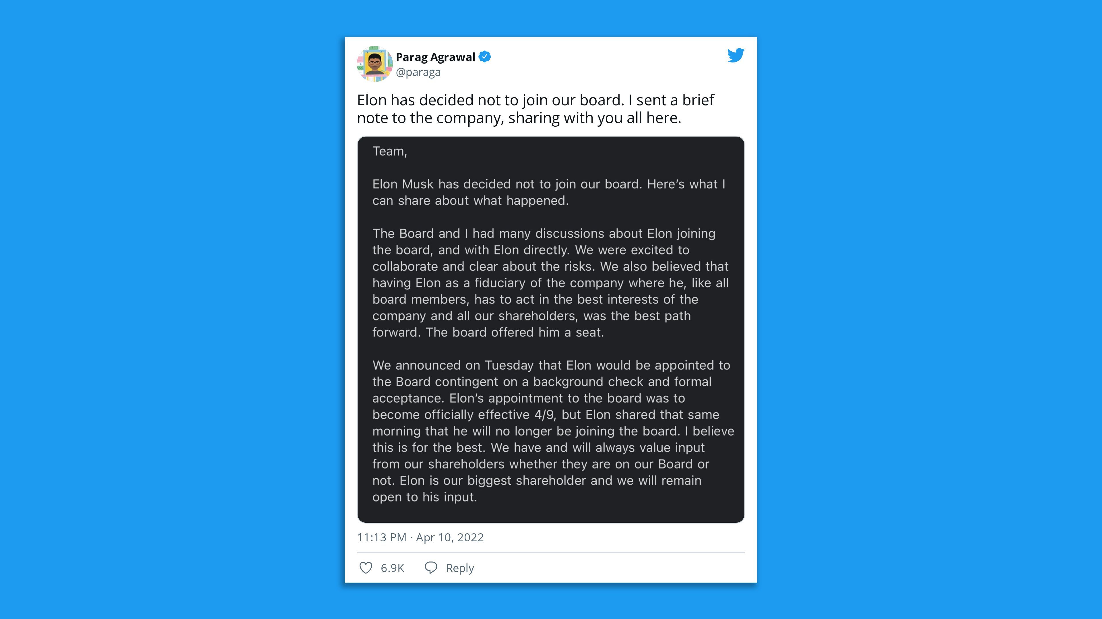 The tweet by Twitter CEO Parag Agrawal announcing that Elon Musk wouldn't be joining its board of directors after all.