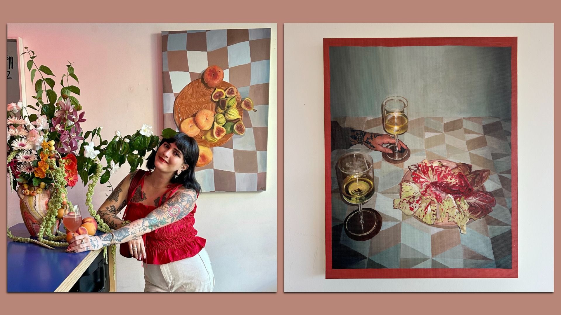 Artist Olivia Cooner poses beside a lush floral arrangement and her still-life painting of fruit on a checkered cloth; next to her, a second painting shows wine glasses and radicchio on a geometric table.