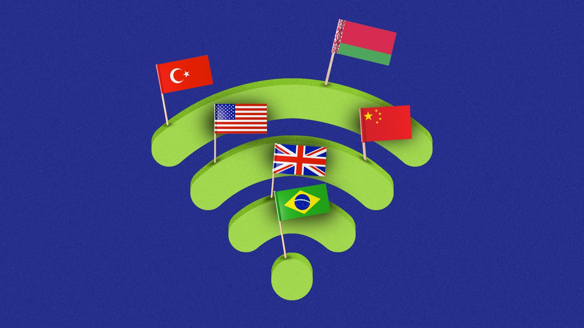 Illustration of a 3D wifi symbol with flags planted all over it. 