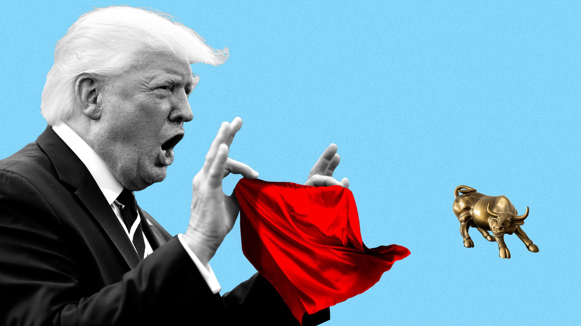 Illustration of President Trump provoking a Wall Street bull with a bullfighter's red muleta.