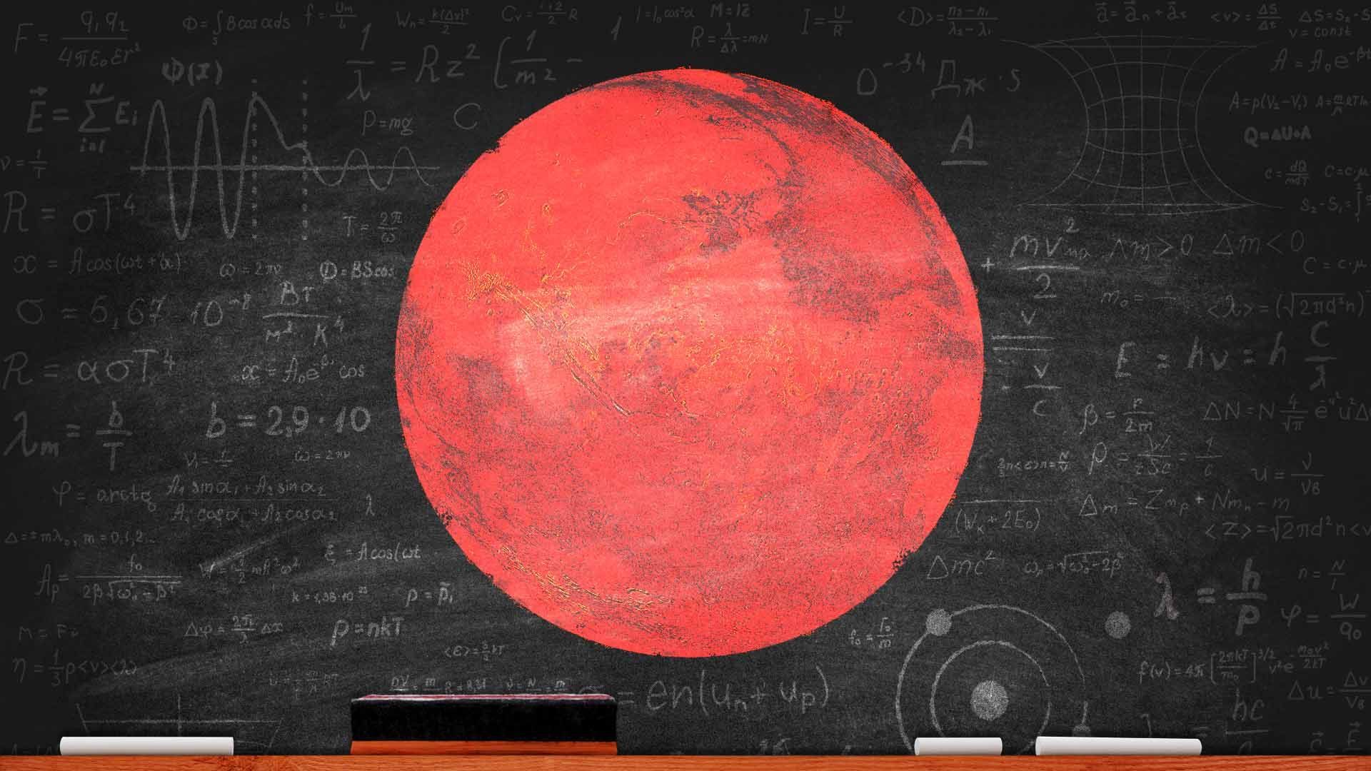 Illustration of a chalkboard full of mathematical equations and a chalk rending of Mars 