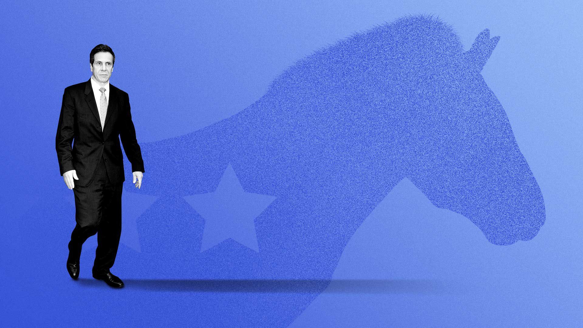 Illustration of Governor Andrew Cuomo casting a long shadow on the Democrat donkey