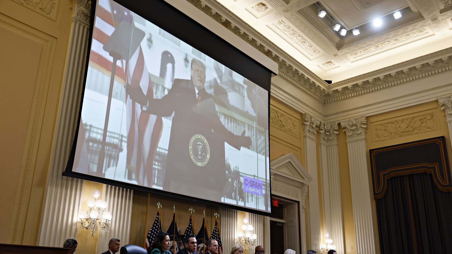 Former US President Donald Trump displayed on a screen during a hearing of the Select Committee to Investigate the January 6th Attack.