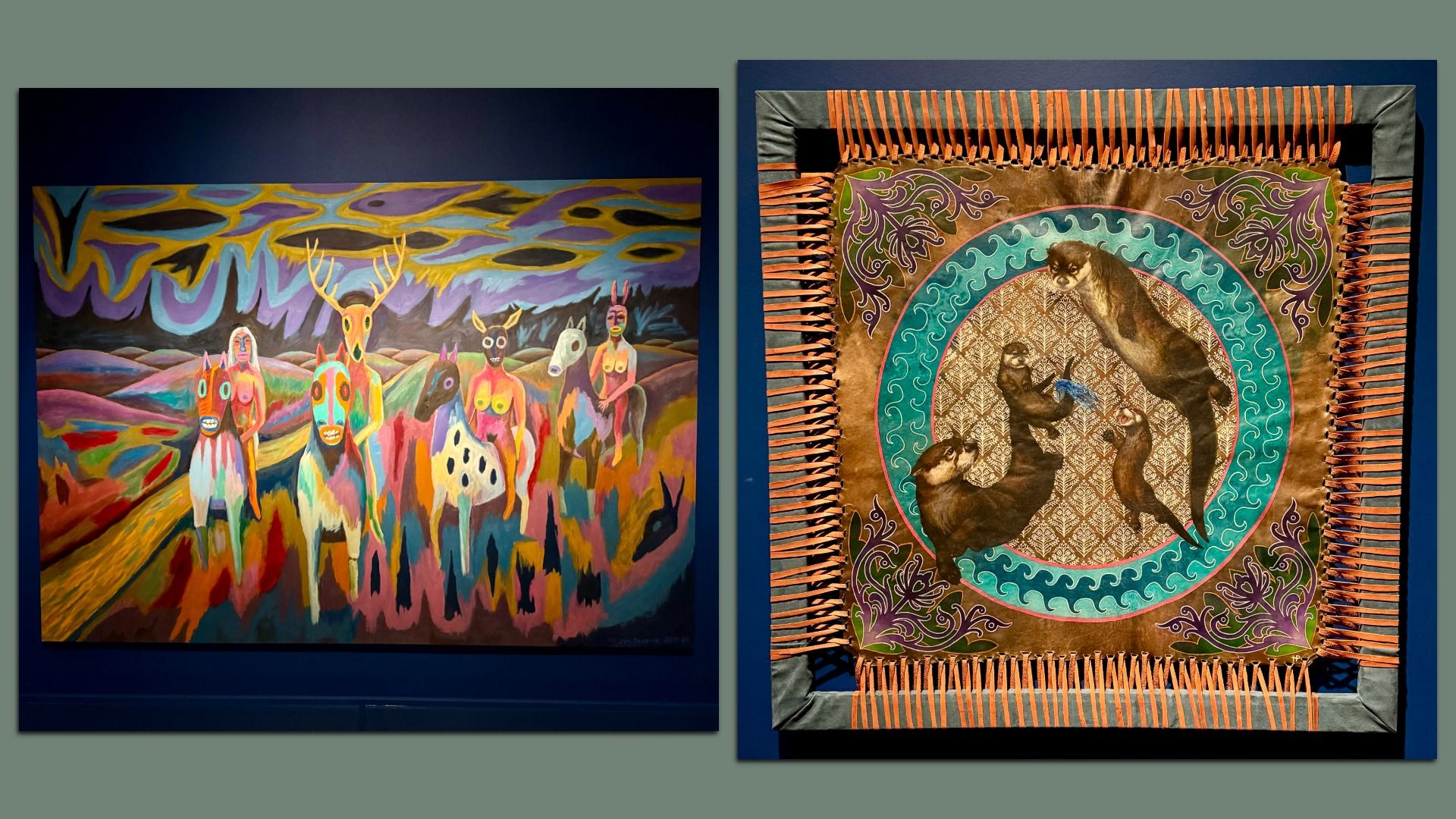 Two colorful artworks displayed side by side on a wall: left shows surreal humanoid figures with animal heads in a vibrant landscape; art on the right is of otters swimming within decorative circular patterns.