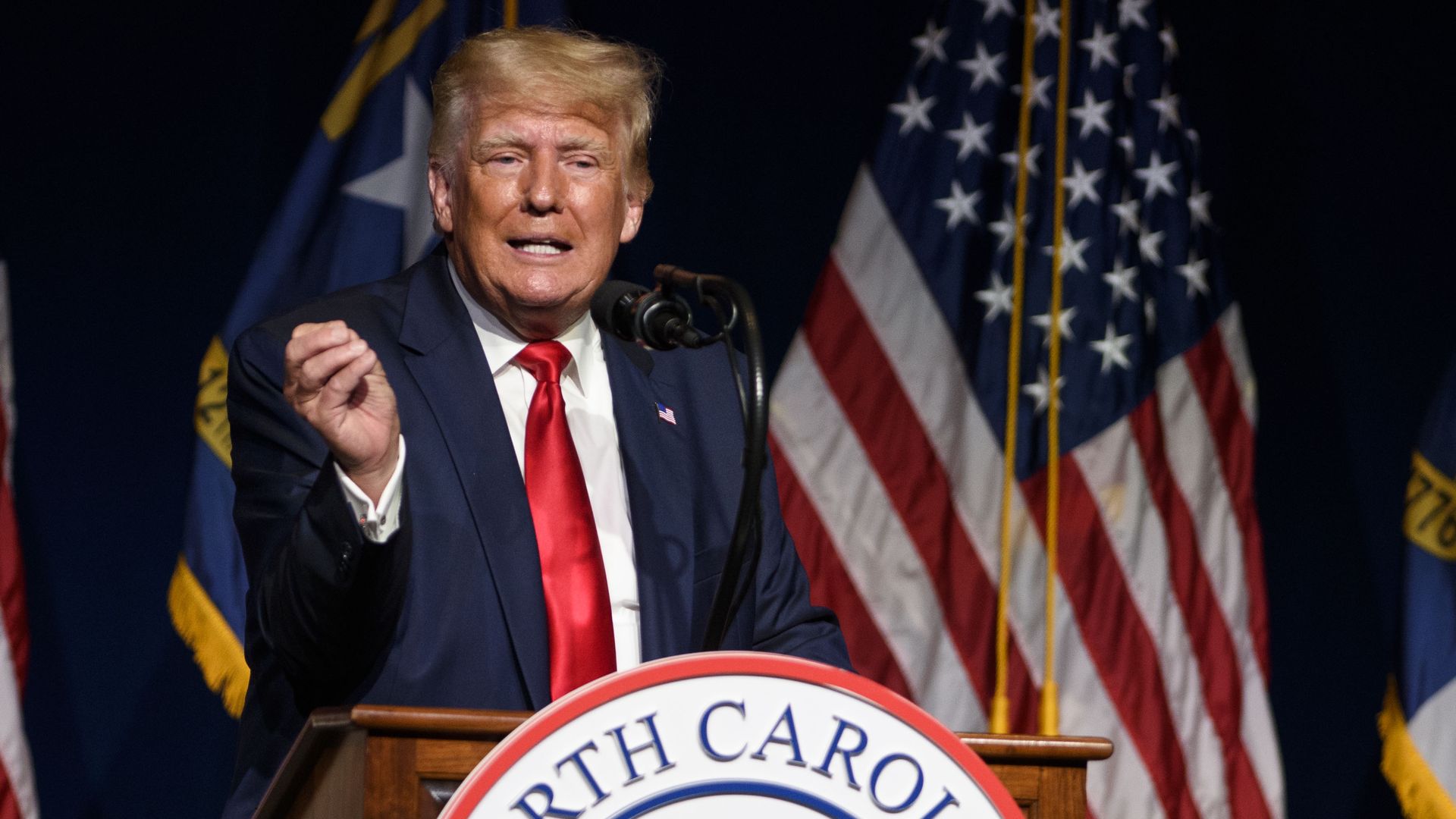 Former U.S. President Donald Trump addresses the NCGOP state convention on June 5, 2021 in Greenville, North Carolina.