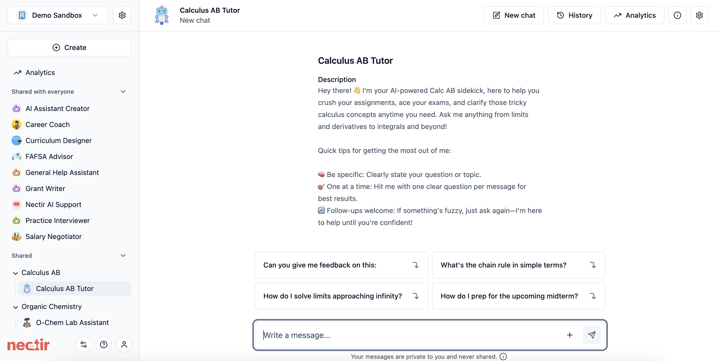 Screen showing a chat interface of "Calculus AB Tutor" AI with tips for clear questions, example prompts like "What's the chain rule in simple terms?", and input to write messages.